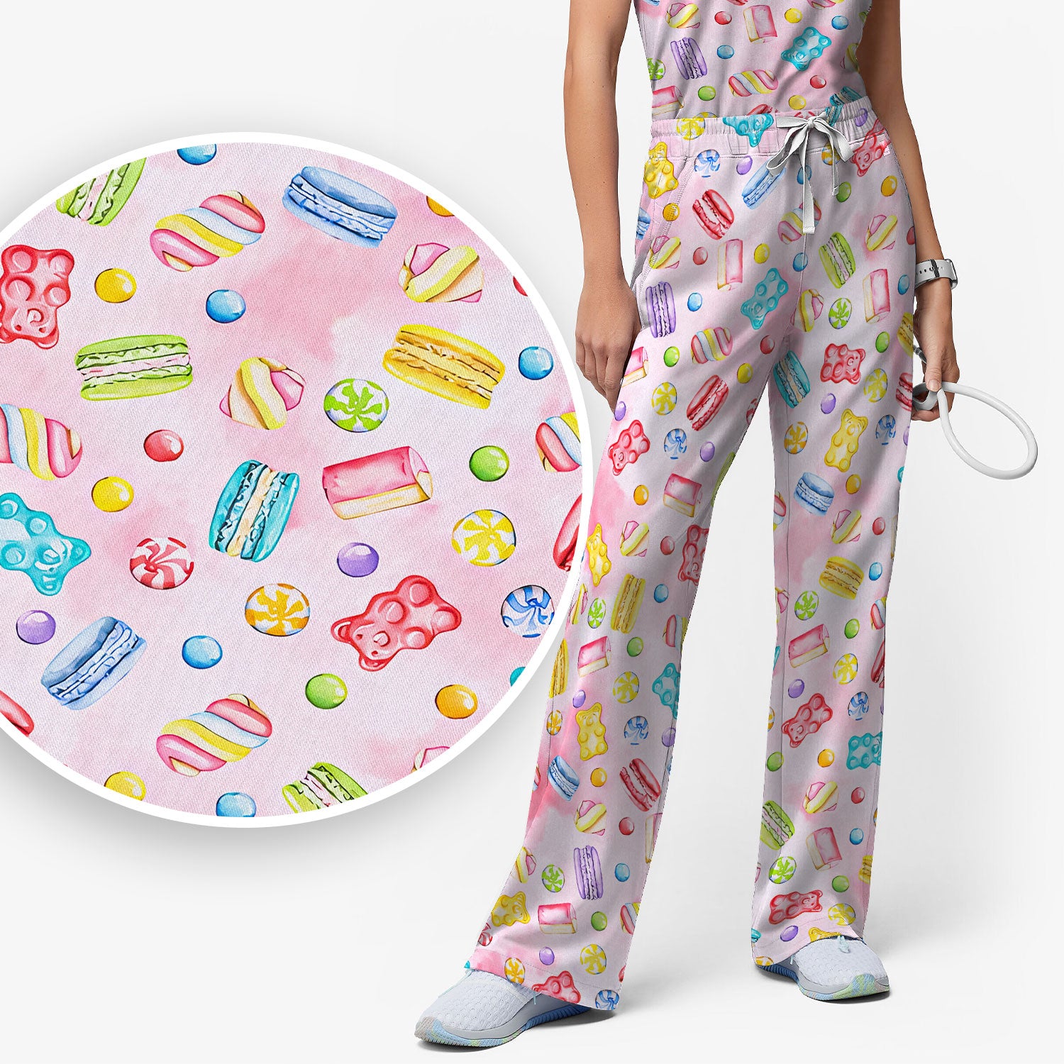 Cute Candy and Macaron Pattern Medical Scrub Set, Scrub Pants and V Neck Top