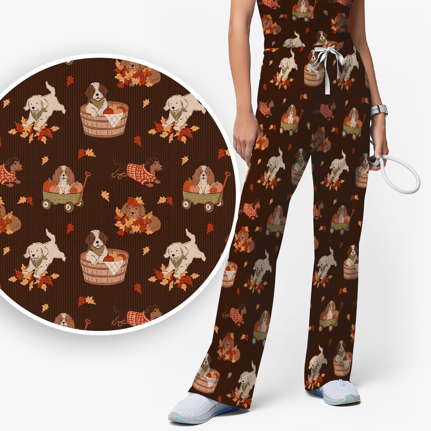 Cute Autumn Dogs And Falling Leaves Scrub Set, Scrub Pants and V Neck Top