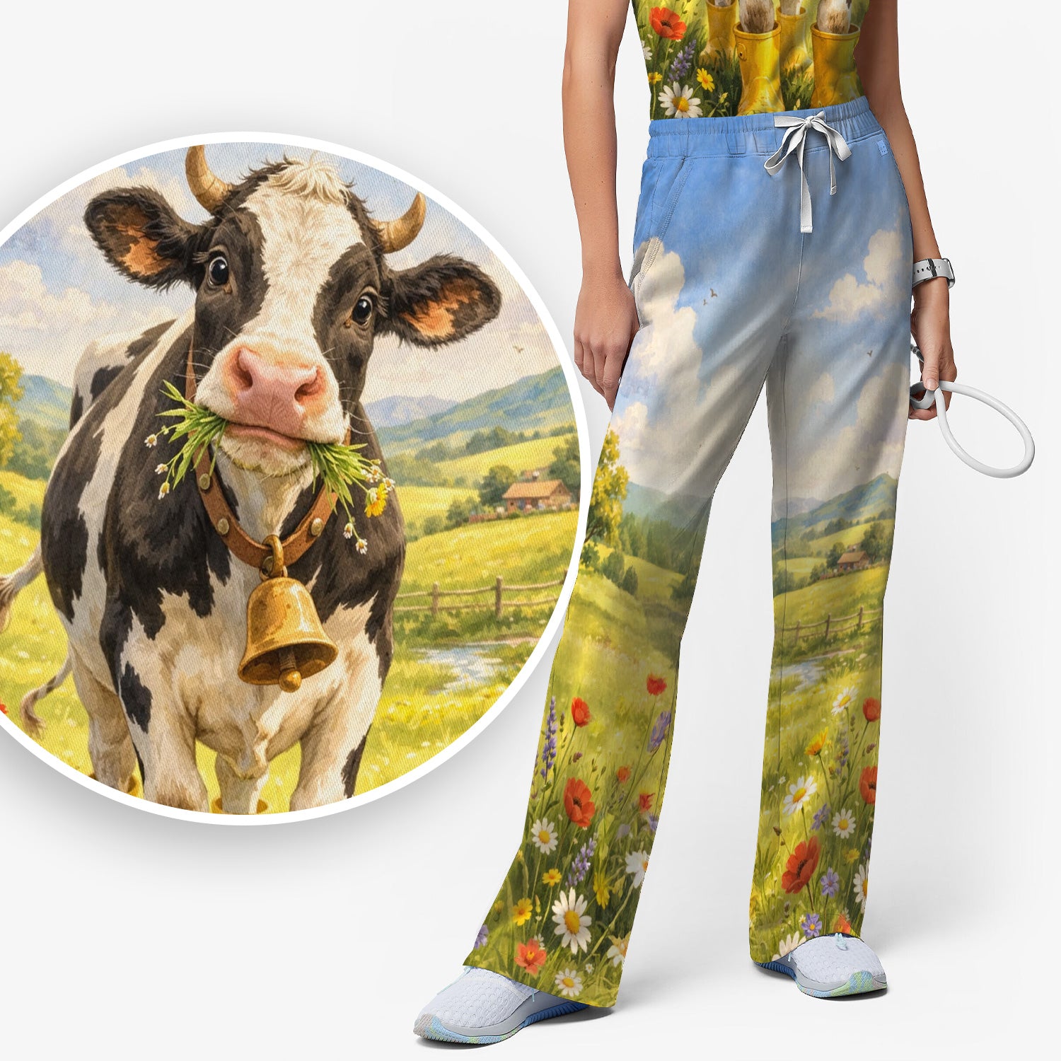 Cute Cow Wearing Boots Meadow Scene Pattern Scrub Set, Scrub Pants and V Neck Top