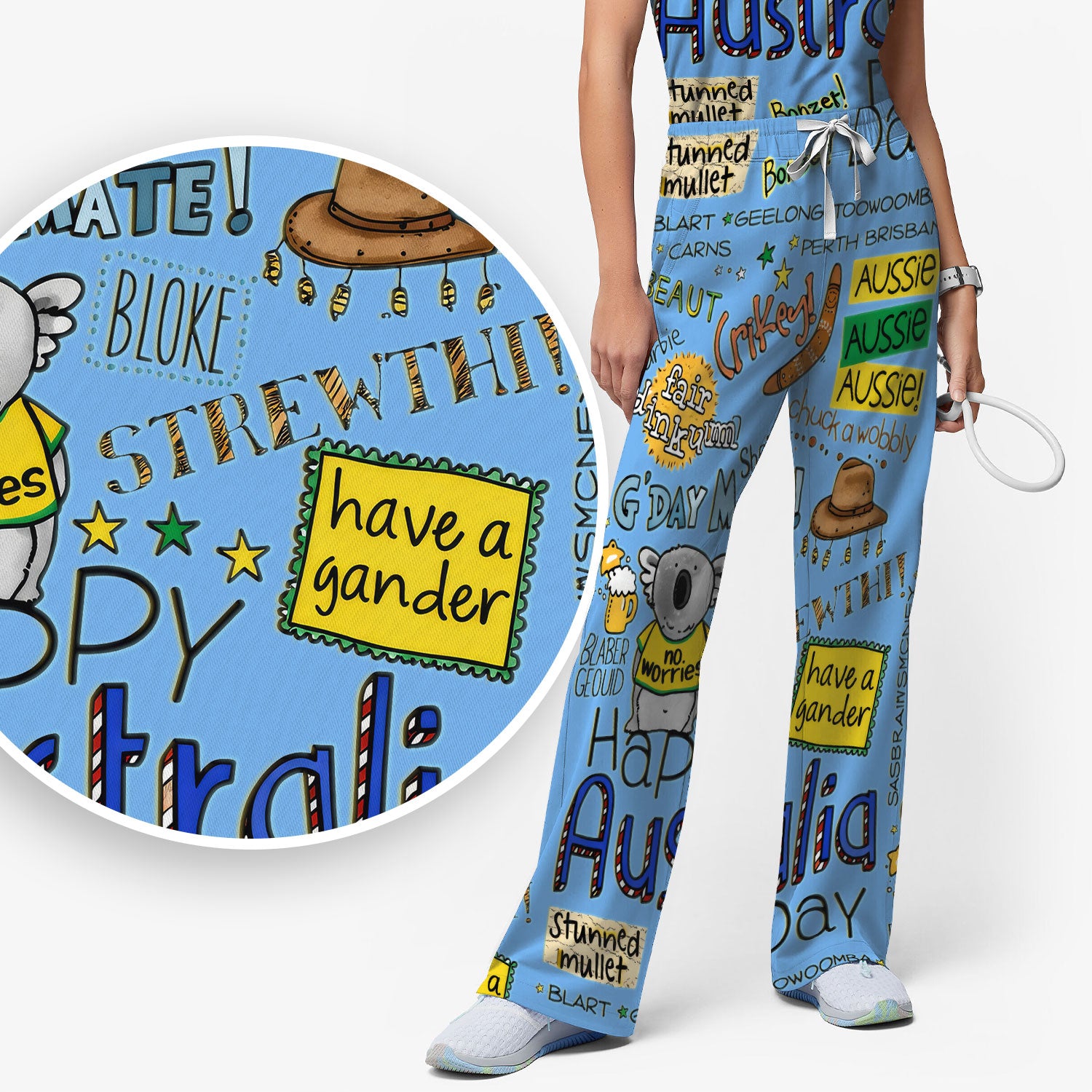 Cute Cartoon Koala Australia Pattern Medical Scrub Set, Breathable Med Uniform