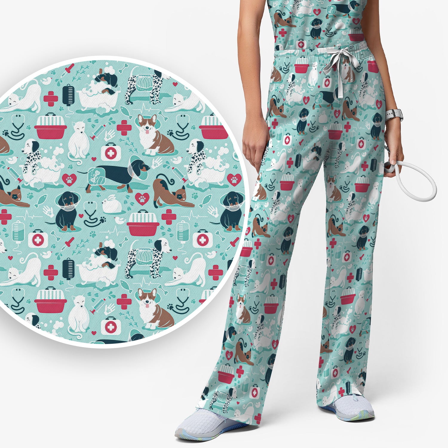 Dogs With Veterinary Tools And Paw Print Scrub Set, Breathable Med Uniform