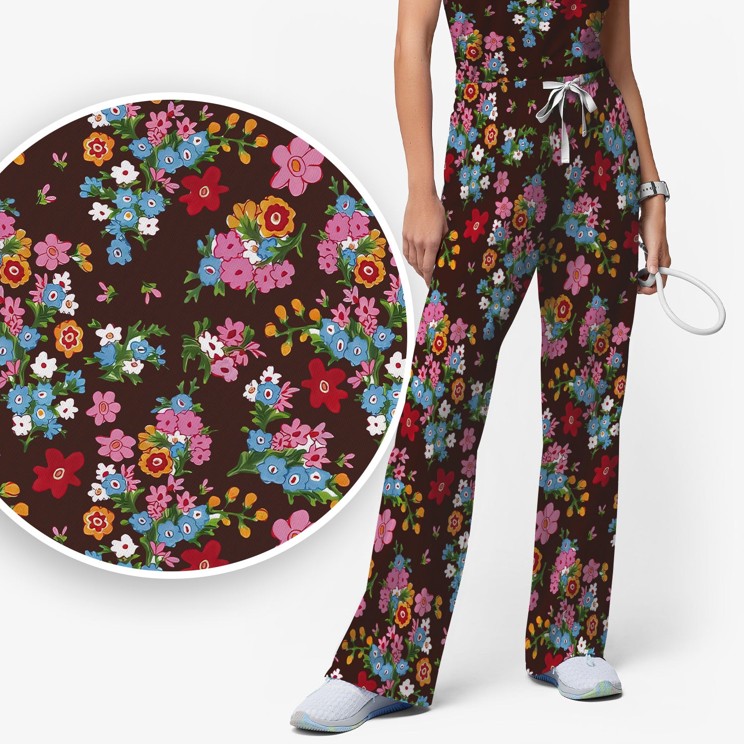 Charming Vintage Floral Bouquet Pattern Scrub Set, Nurse Uniform Scrubs Set
