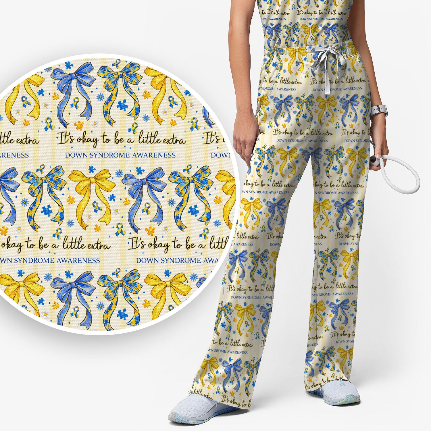 Down Syndrome Awareness Ribbon Pattern Scrub Set, Scrub Pants and V Neck Top
