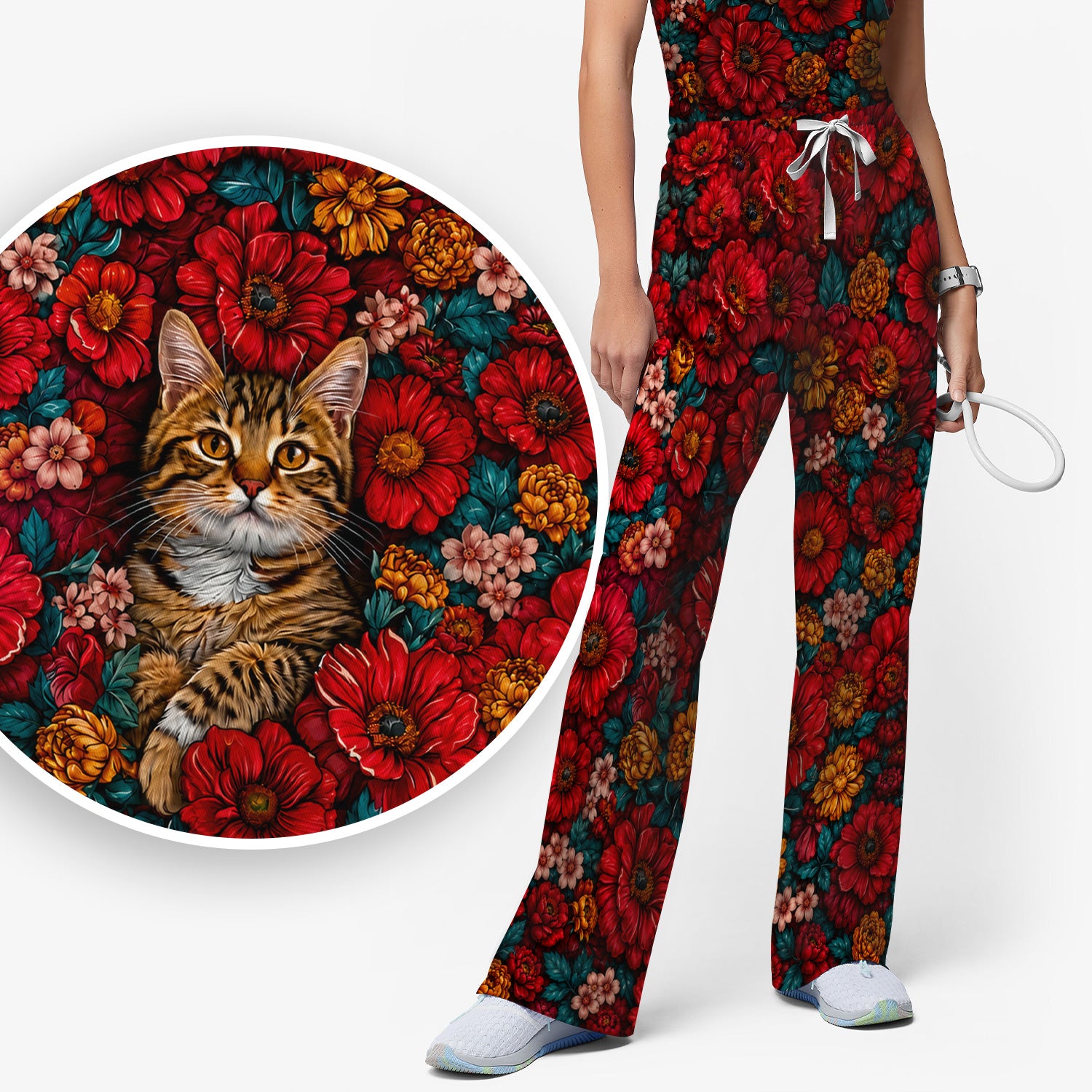 Adorable Tabby Cat Floral Garden Pattern Scrub Set, Scrub Pants and V Neck Top