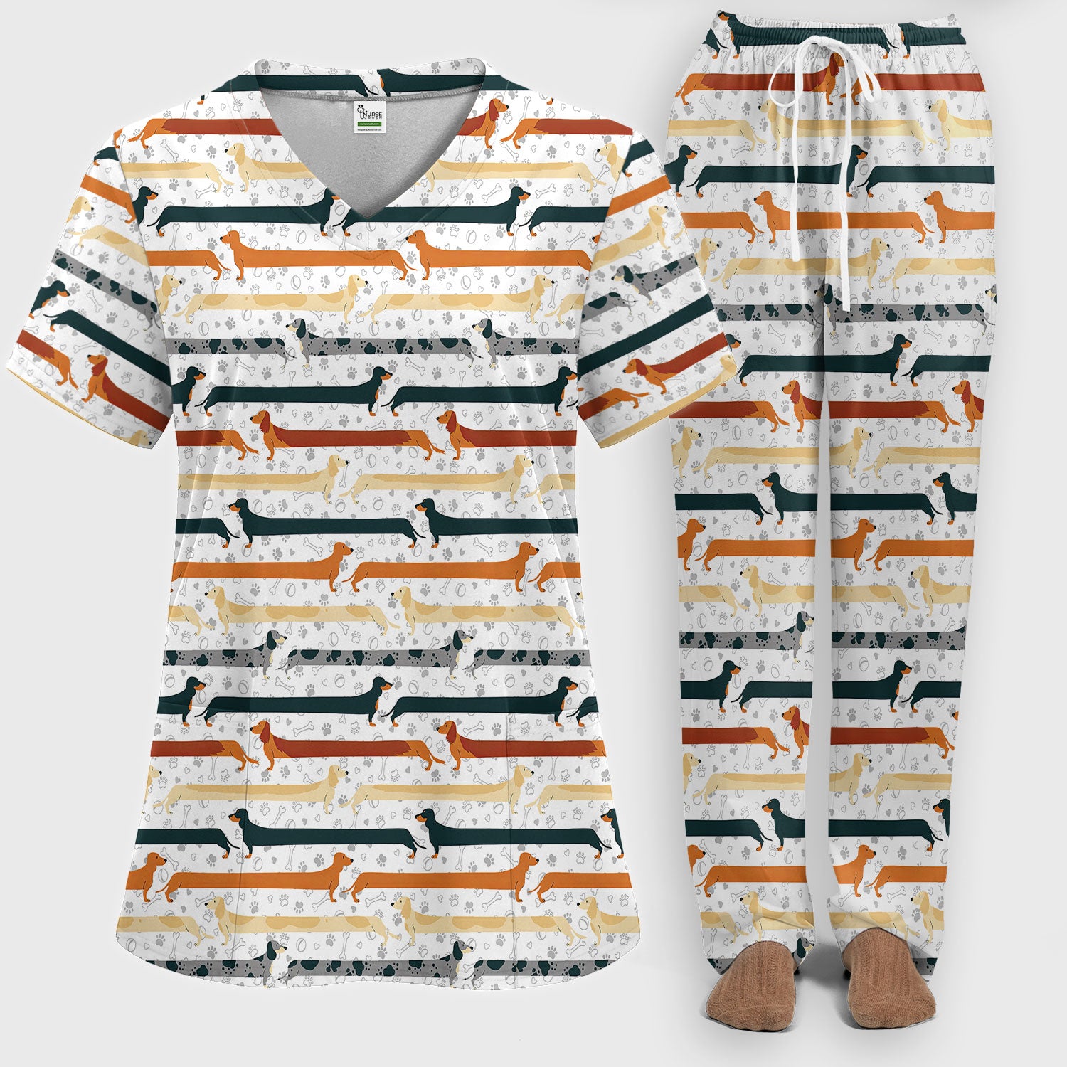 Weiner Dog Women's Scrub Sets - Comfortable Scrubs for Nurses - Funny Scrub Pants and V Neck Top - Breathable Med Uniform