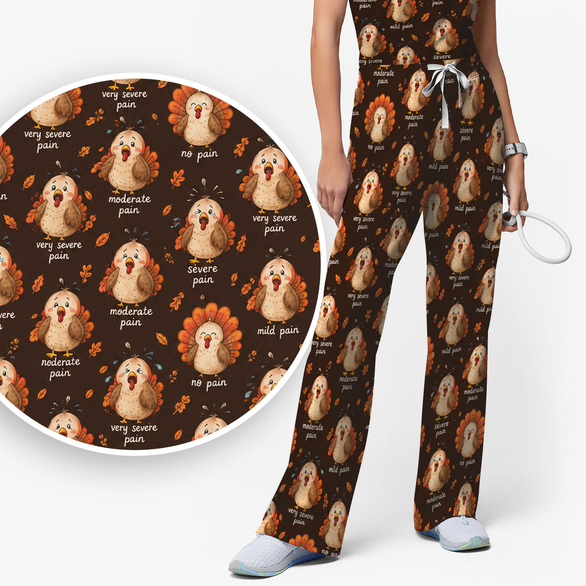Funny Thanksgiving Turkey Pain Scale Pattern Scrub Set, Scrub Pants and V Neck Top