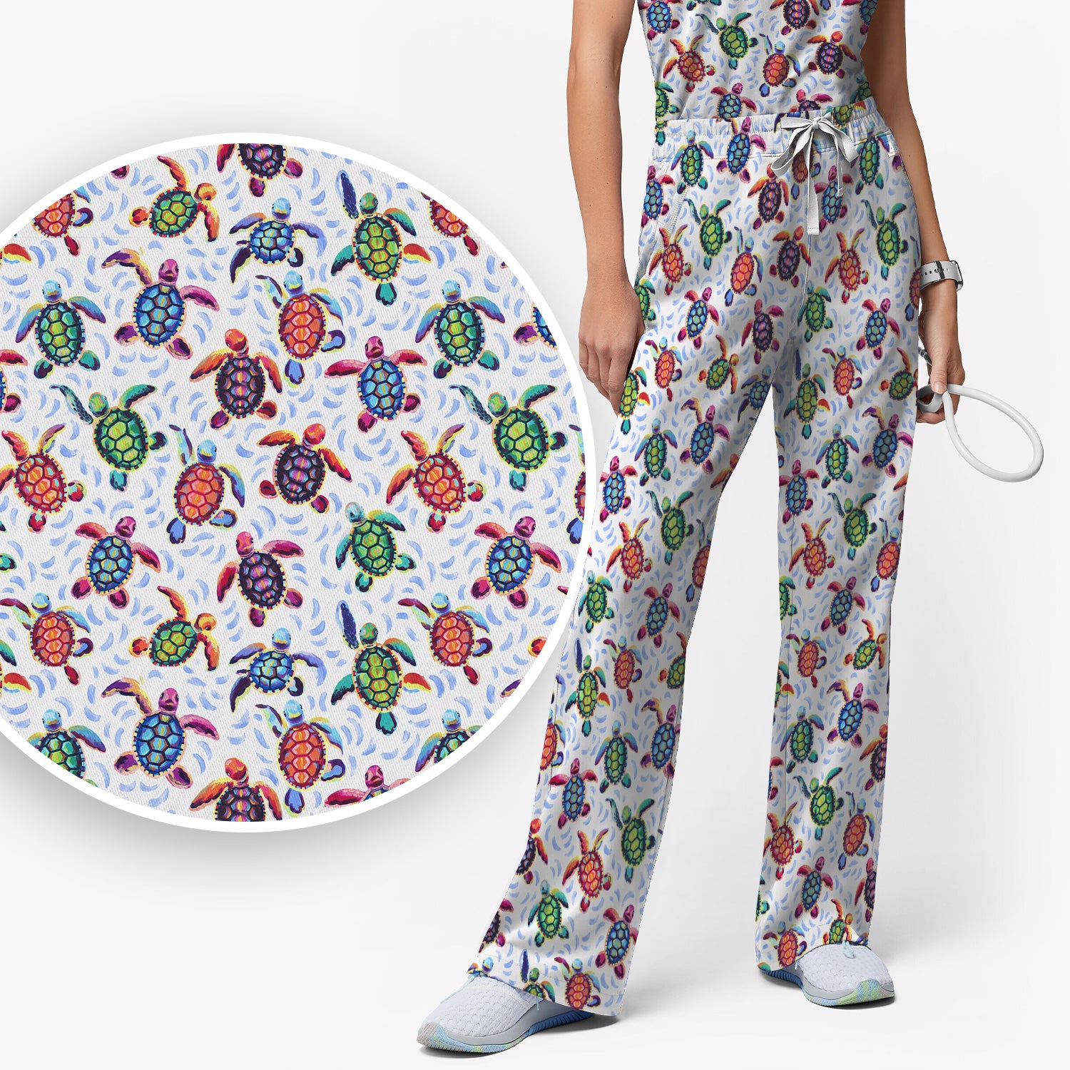 Colorful Sea Turtle Wave Pattern Scrub Set, Scrub Pants and V Neck Top