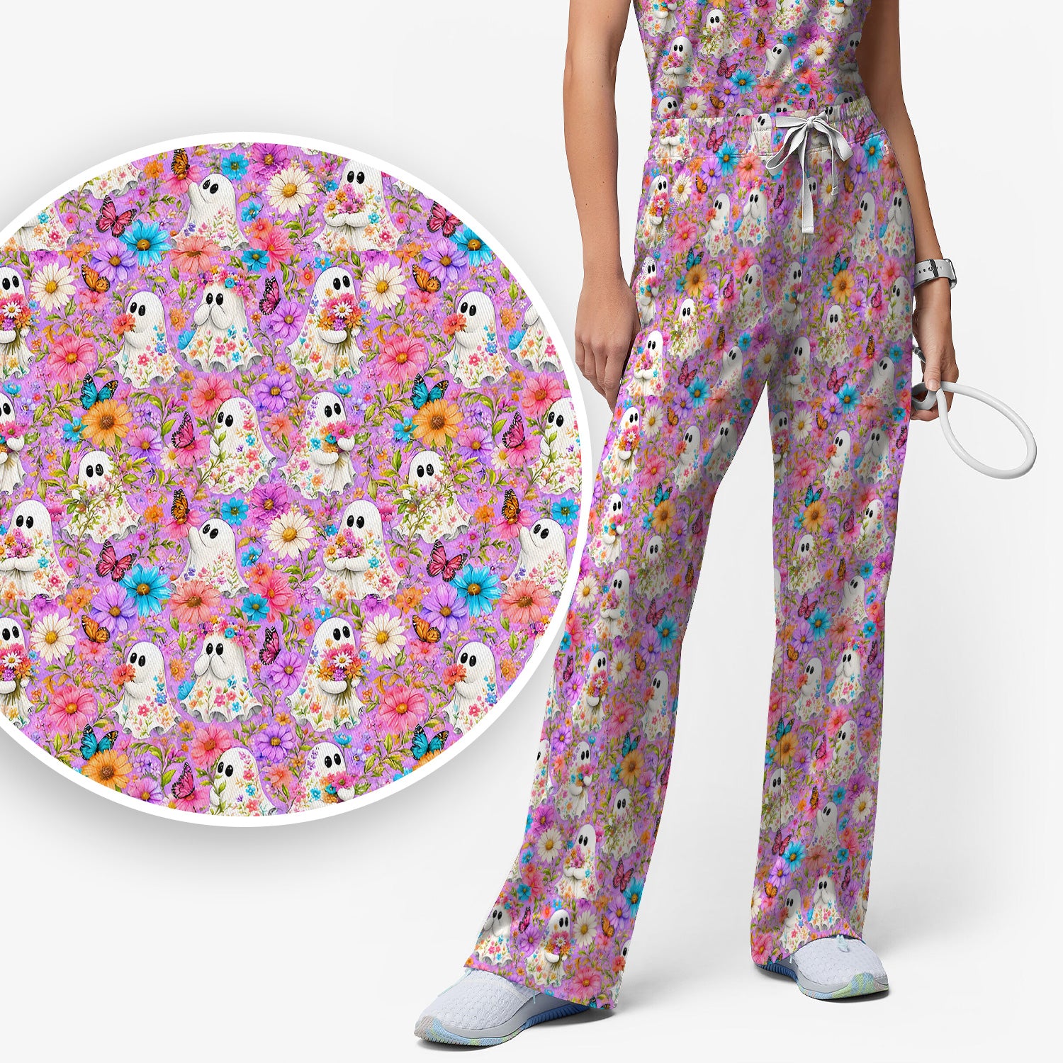 Cute Halloween Floral Ghosts And Butterflies Scrub Set, Scrub Pants and V Neck Top