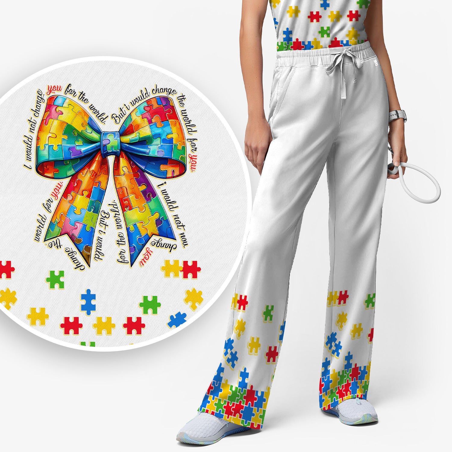 Autism Puzzle Bow Colorful Pieces Print Scrub Set, Breathable Med Uniform
