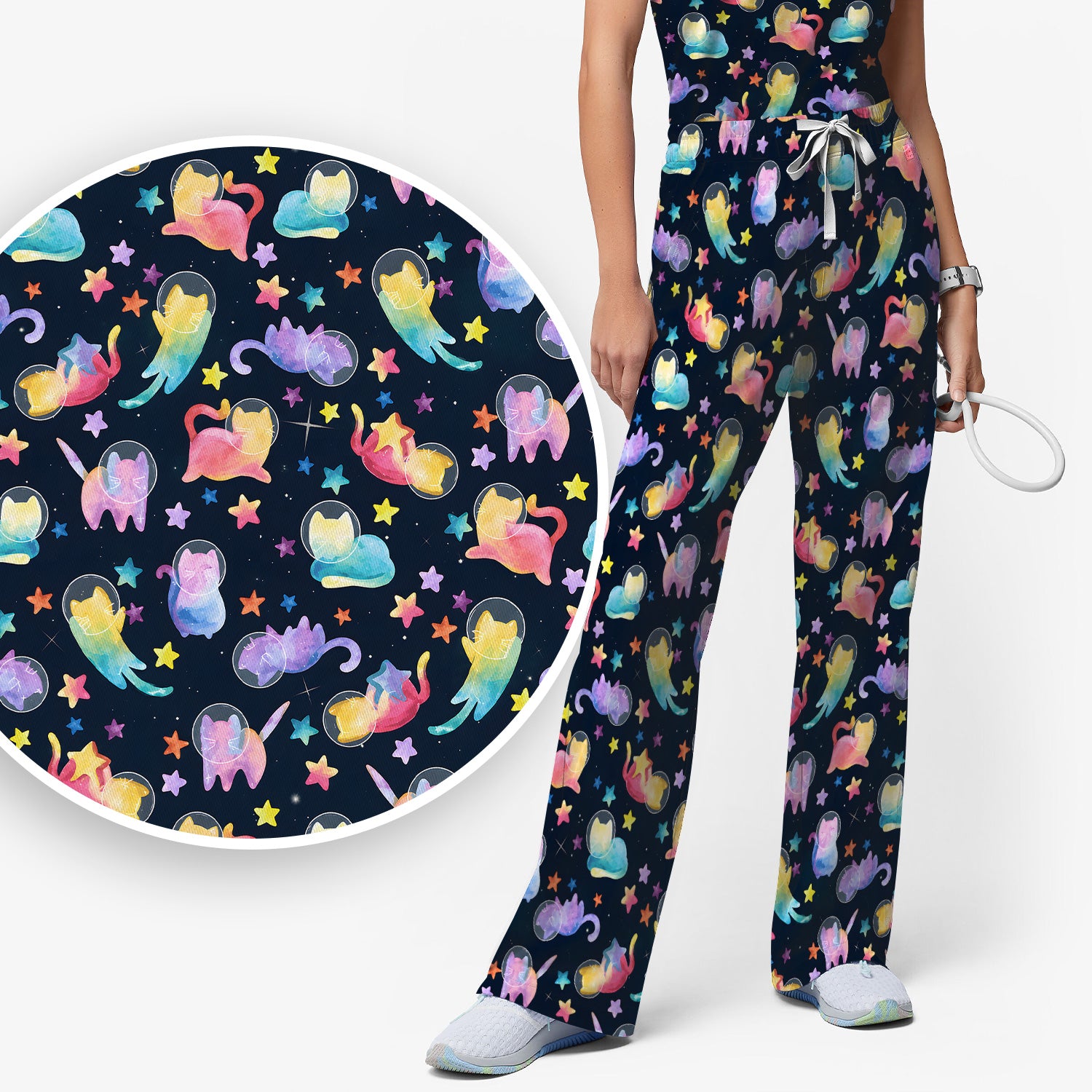Cute Space Cat Veterinary Pattern Scrub Set, Scrub Pants and V Neck Top