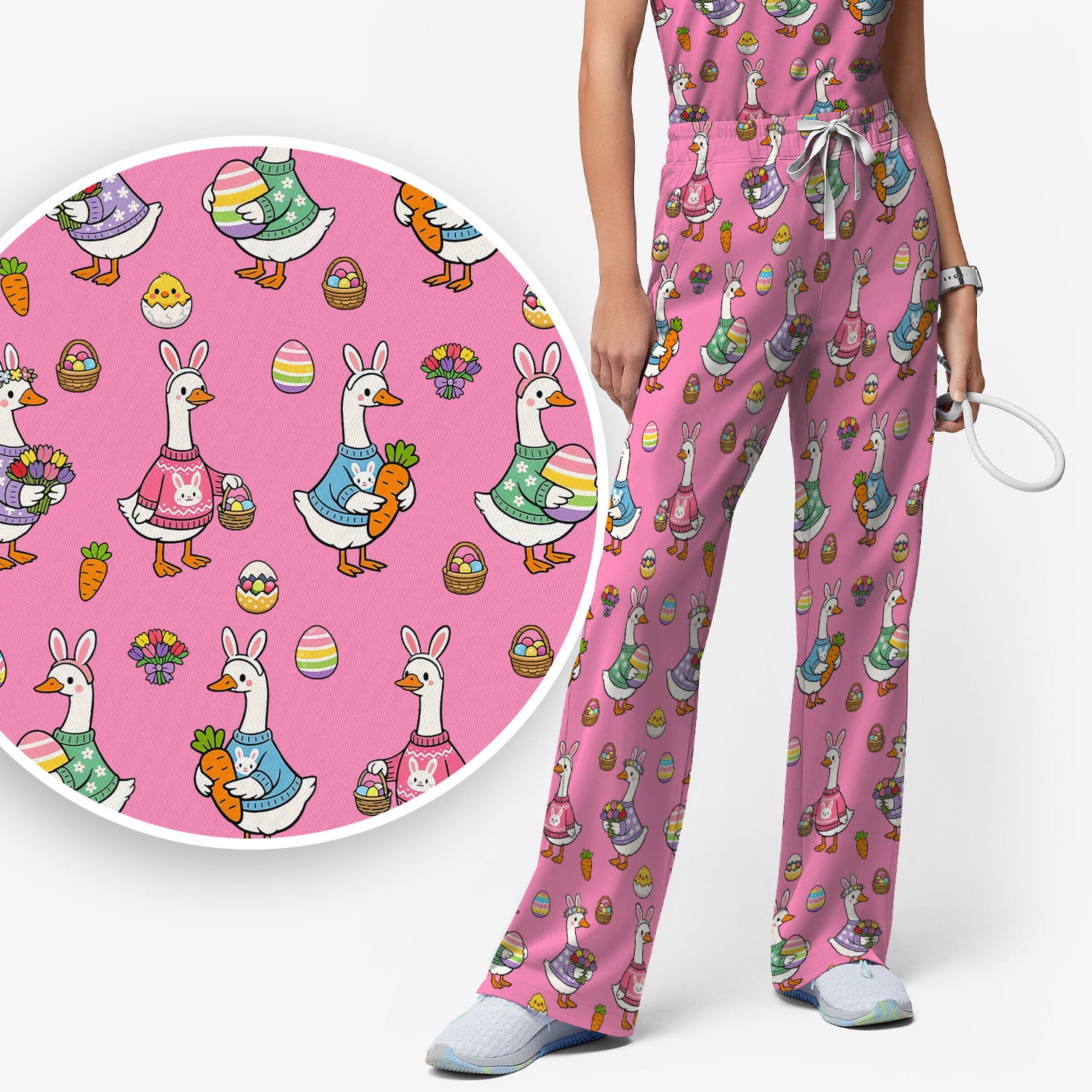 Cute Easter Goose Print Scrub Set, Breathable Med Uniform
