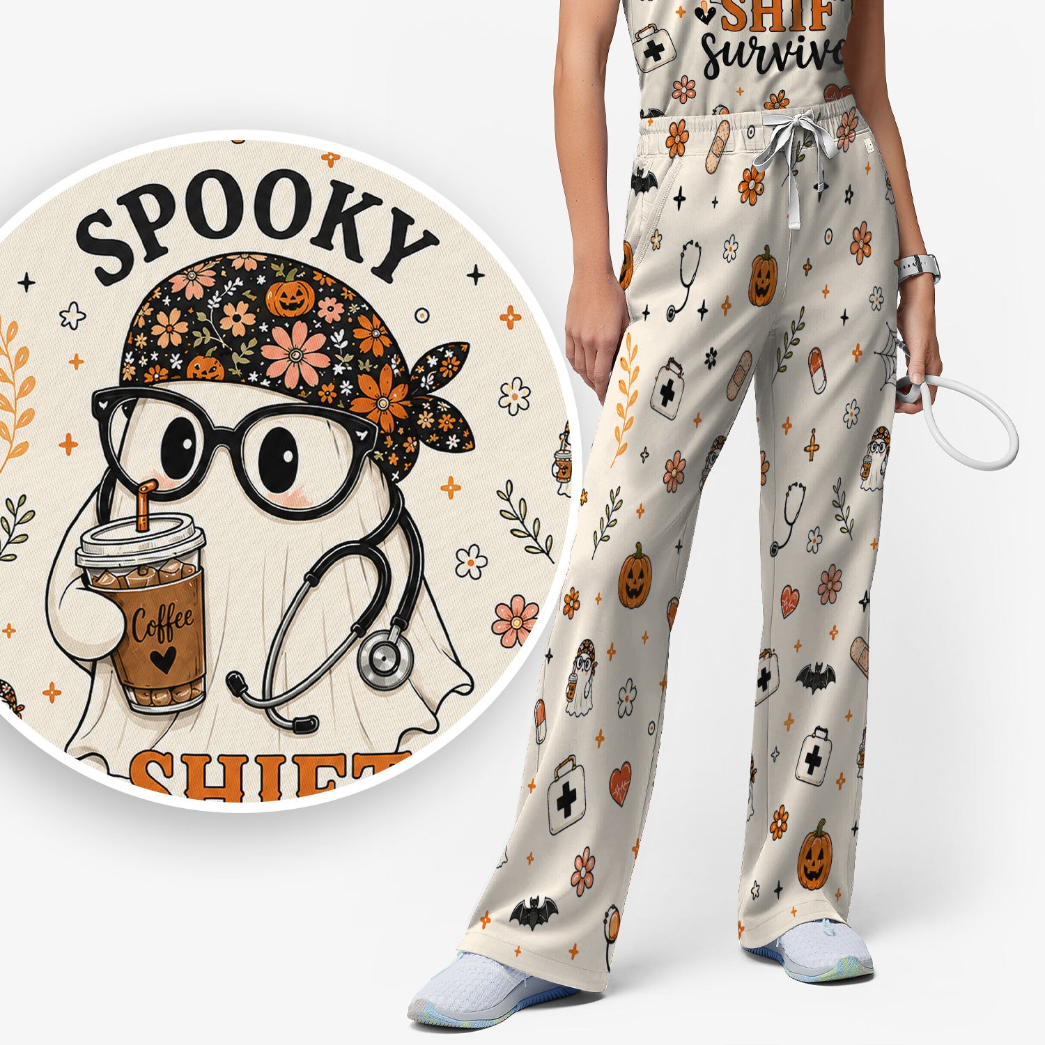 Halloween Shift Survivor Ghost Scrub Set, Scrub Pants and V Neck Top