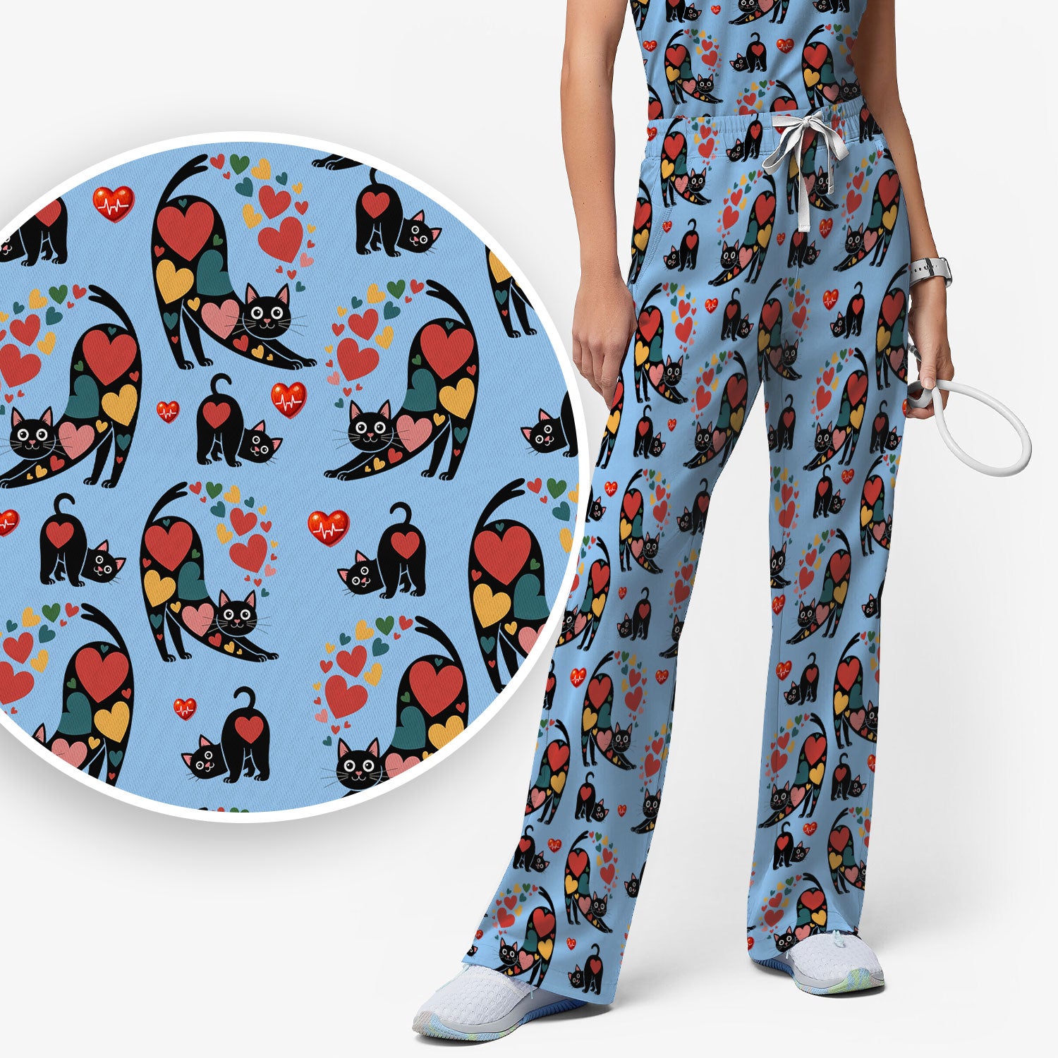 Playful Cat Valentine Heart Print Medical Scrub Set, Breathable Med Uniform