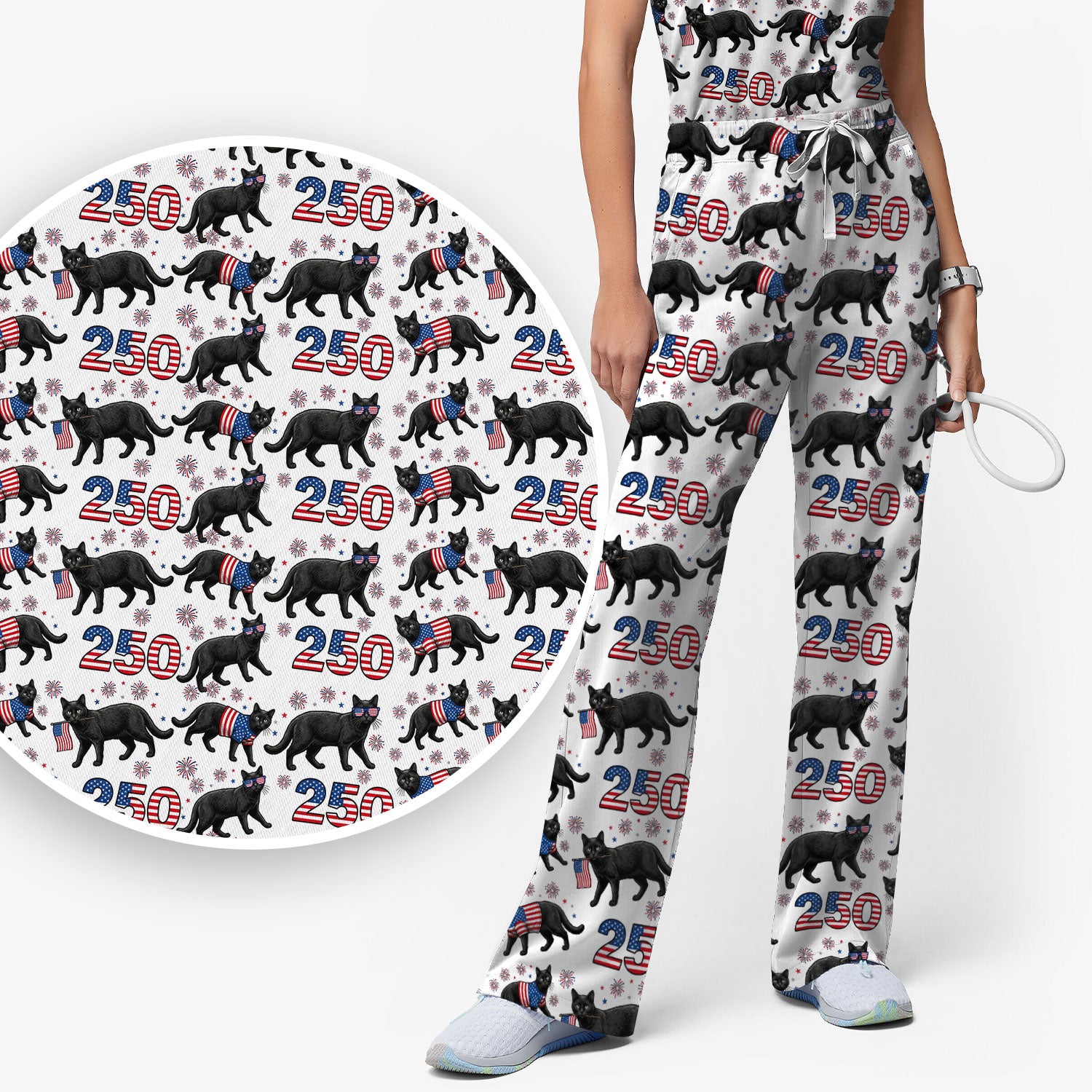 Black Cat 250 USA Flag Fireworks Pattern Scrub Sets, Scrub Pants and V Neck Top