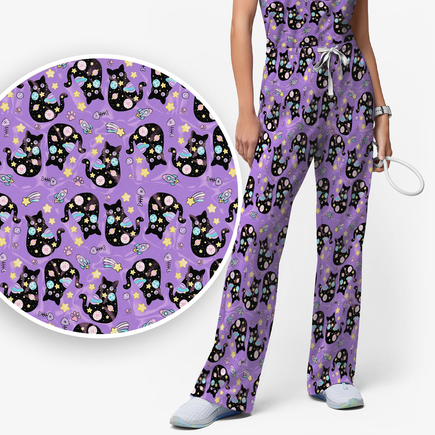 Galaxy Black Cat Space Pattern Scrub Top, Breathable Fabrics Nursing Uniform