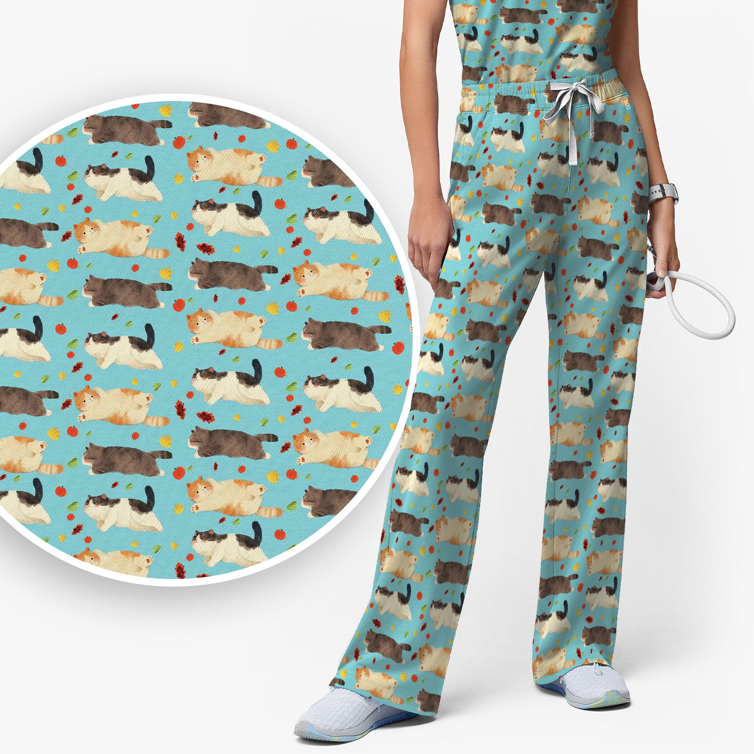 Chubby Cat Autumn Leaves Print Scrub Set, Breathable Med Uniform