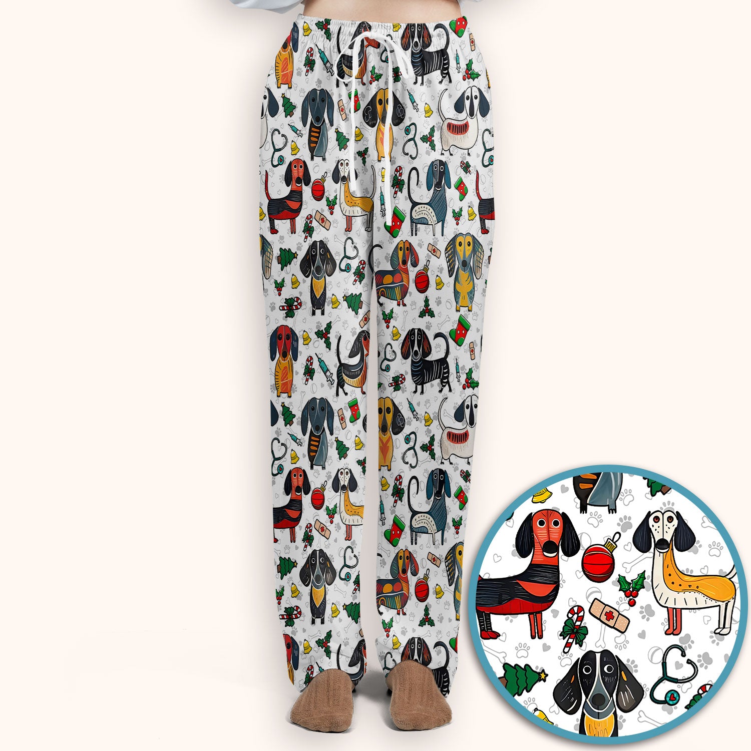 Dachshund Christmas Scrub Set - Cute Wiener Dog Pants and V Neck Top - Holiday Medical Uniform