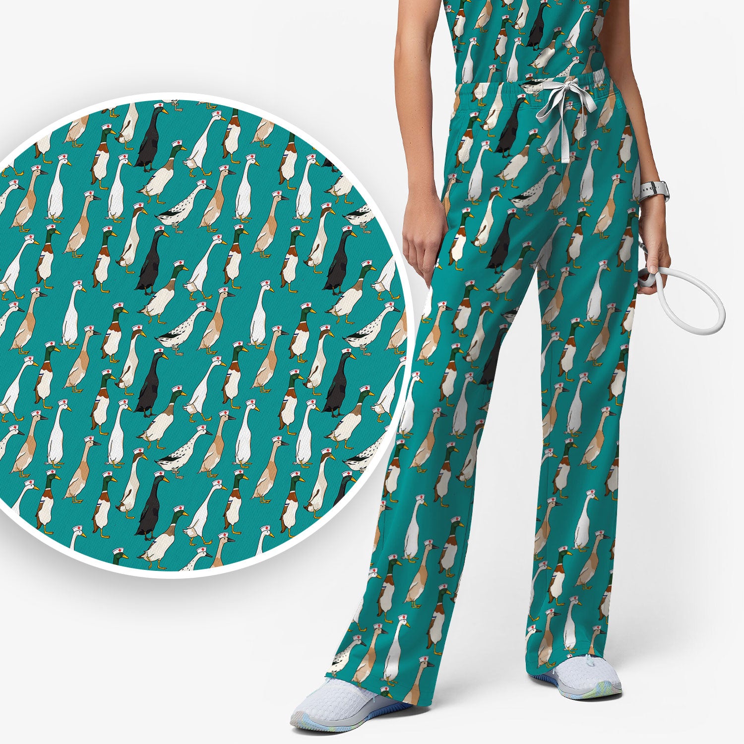 Funny Nurse Duck Pattern Scrub Set, Breathable Med Uniform