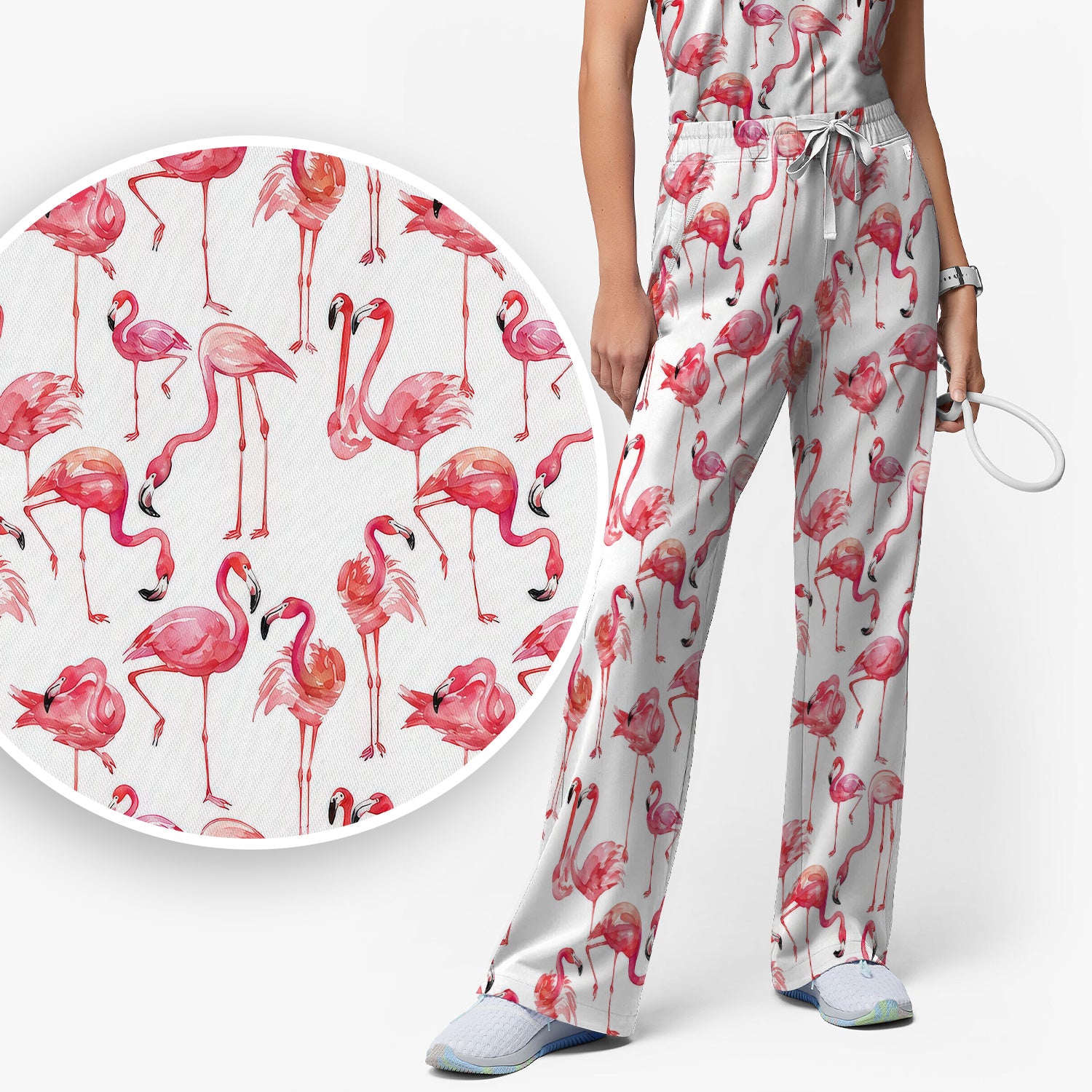 Pink Flamingo Tropical Bird Pattern Nurse Scrub Set, Scrub Pants and V Neck Top