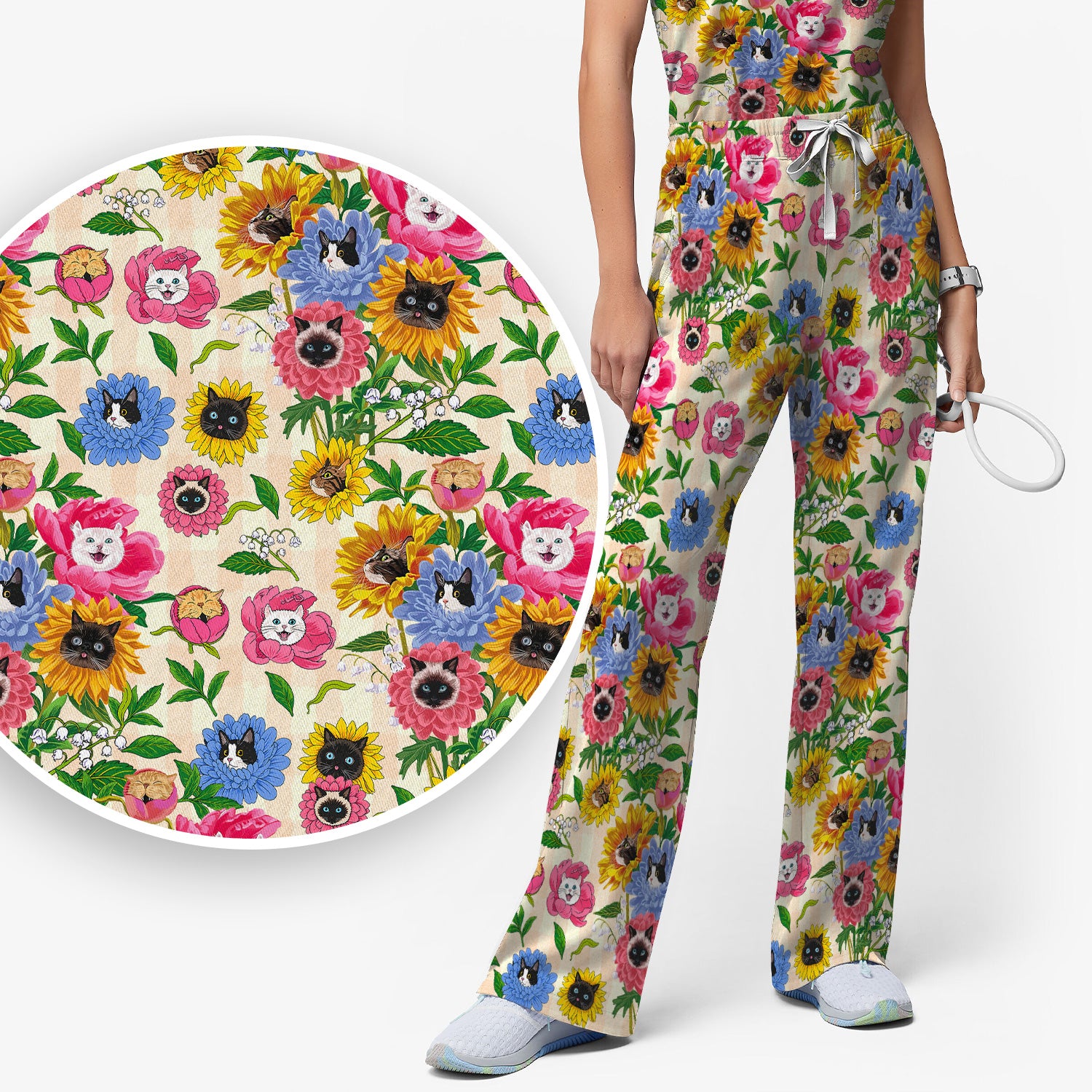 Cat Face Hidden In Colorful Flower Garden Scrub Set, Scrub Pants and V Neck Top