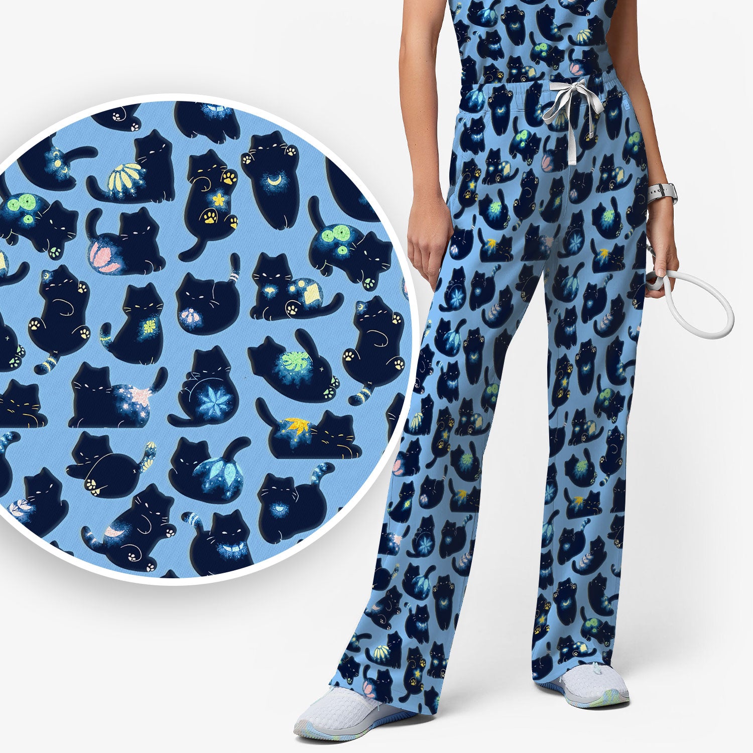Midnight Cat Scrub Set, Black Cat Pattern Nurse Shirt, Breathable Fabrics Nursing Uniform