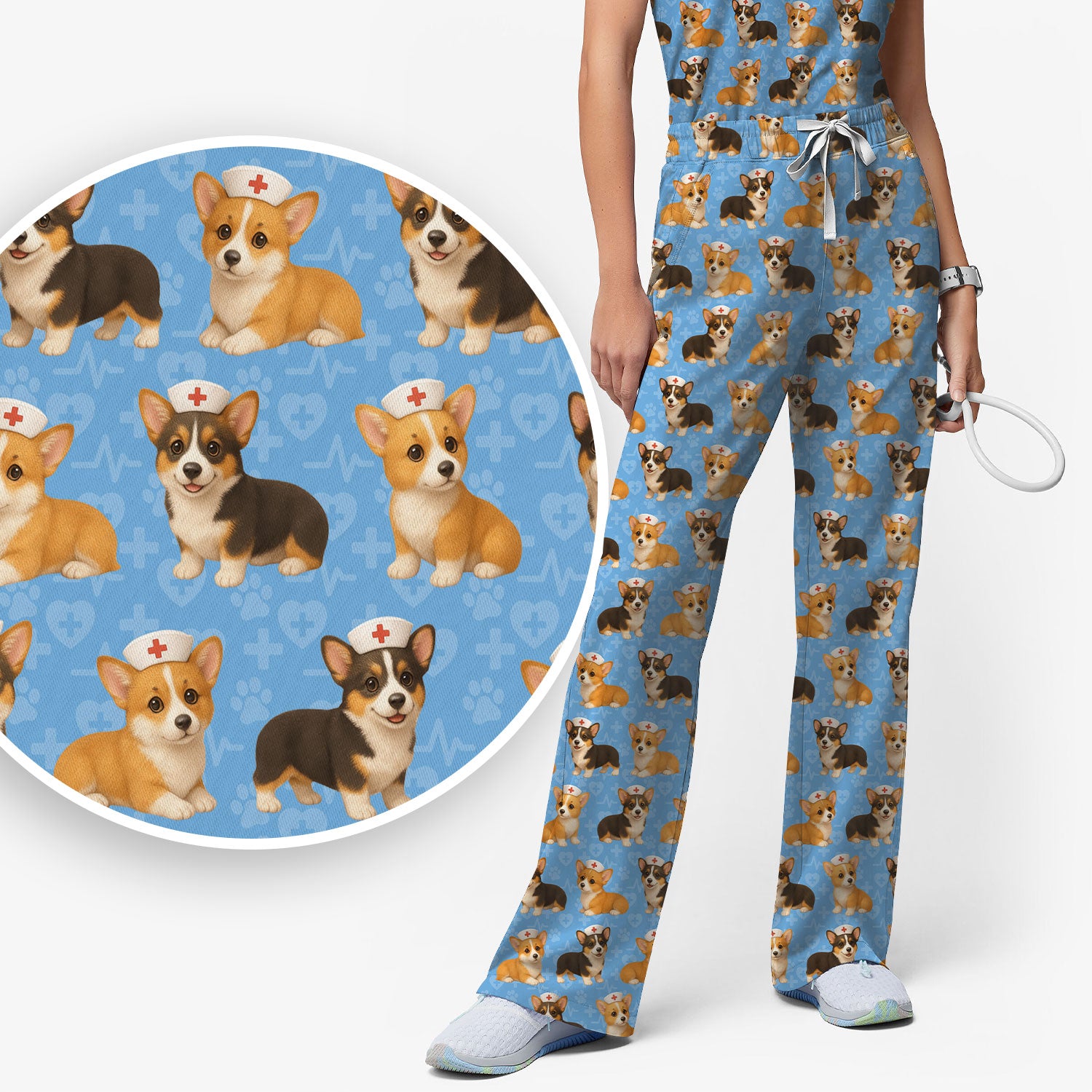 Christmas Corgi Scrubs Pattern for Women - Cute Dog Scrubs Top & Pants Set - Festive Nurse Holiday Print Medical Scrubs