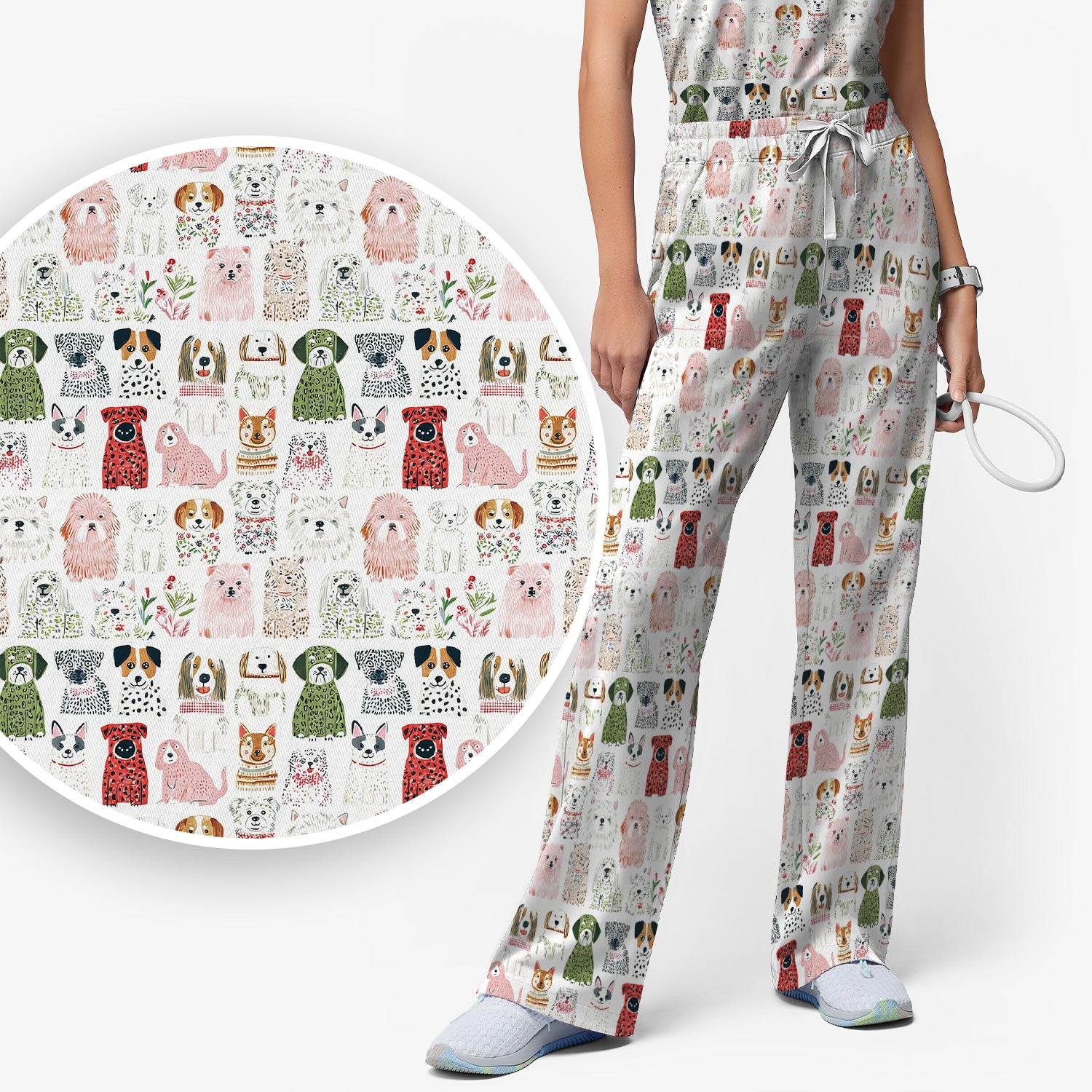 Cute Cartoon Dog Breeds Pattern Scrub Set, Breathable Med Uniform