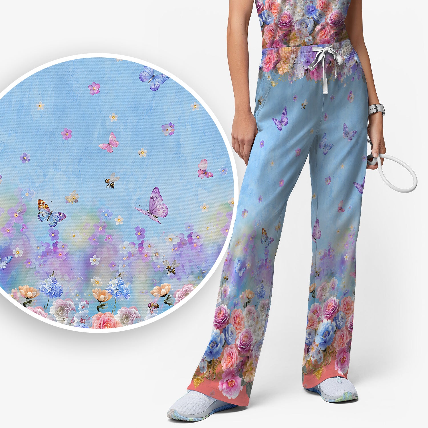 Pastel Flower Garden Print Scrub Set, Scrub Pants and V Neck Top