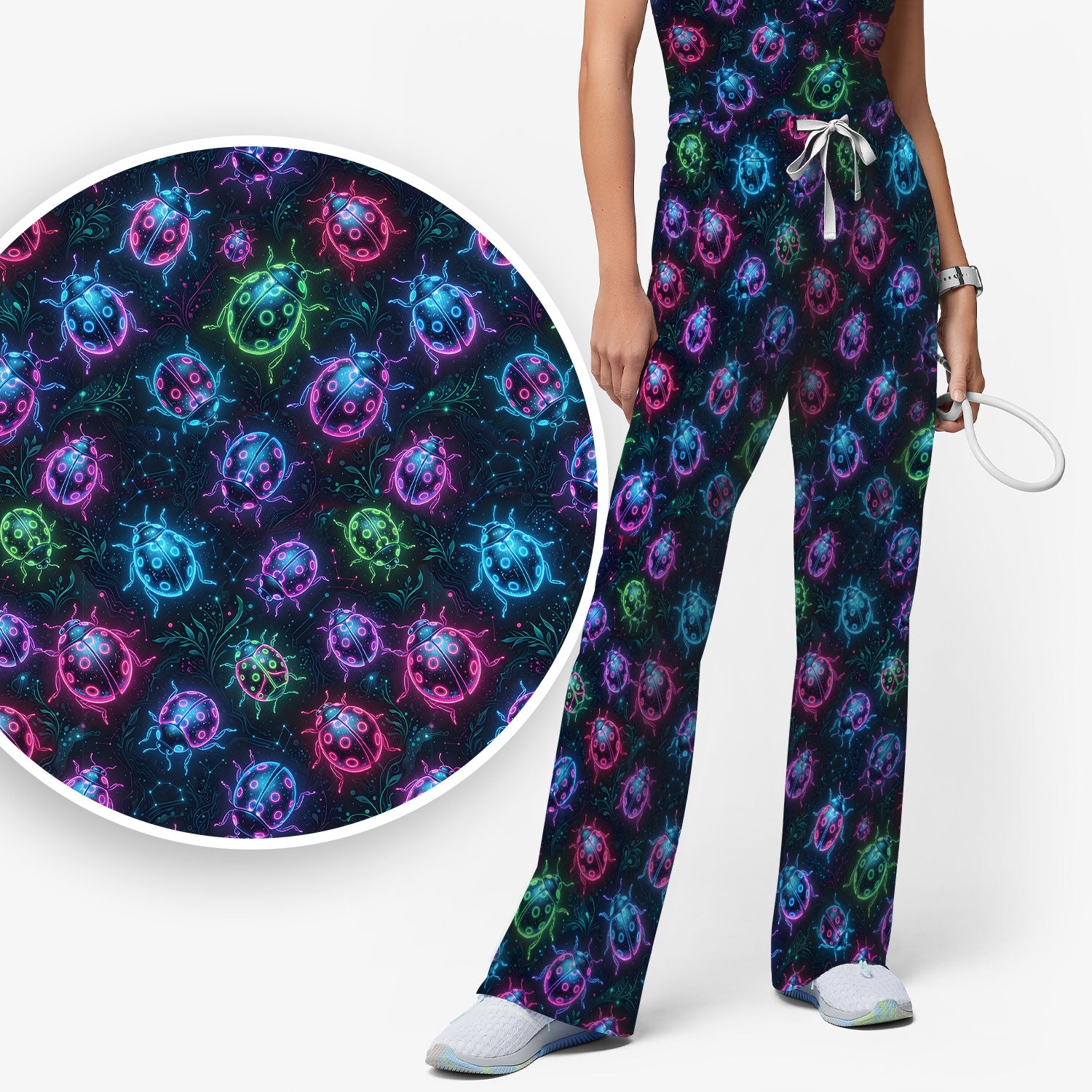 Colorful Neon Ladybug Pattern Scrub Set, Scrub Pants and V Neck Top
