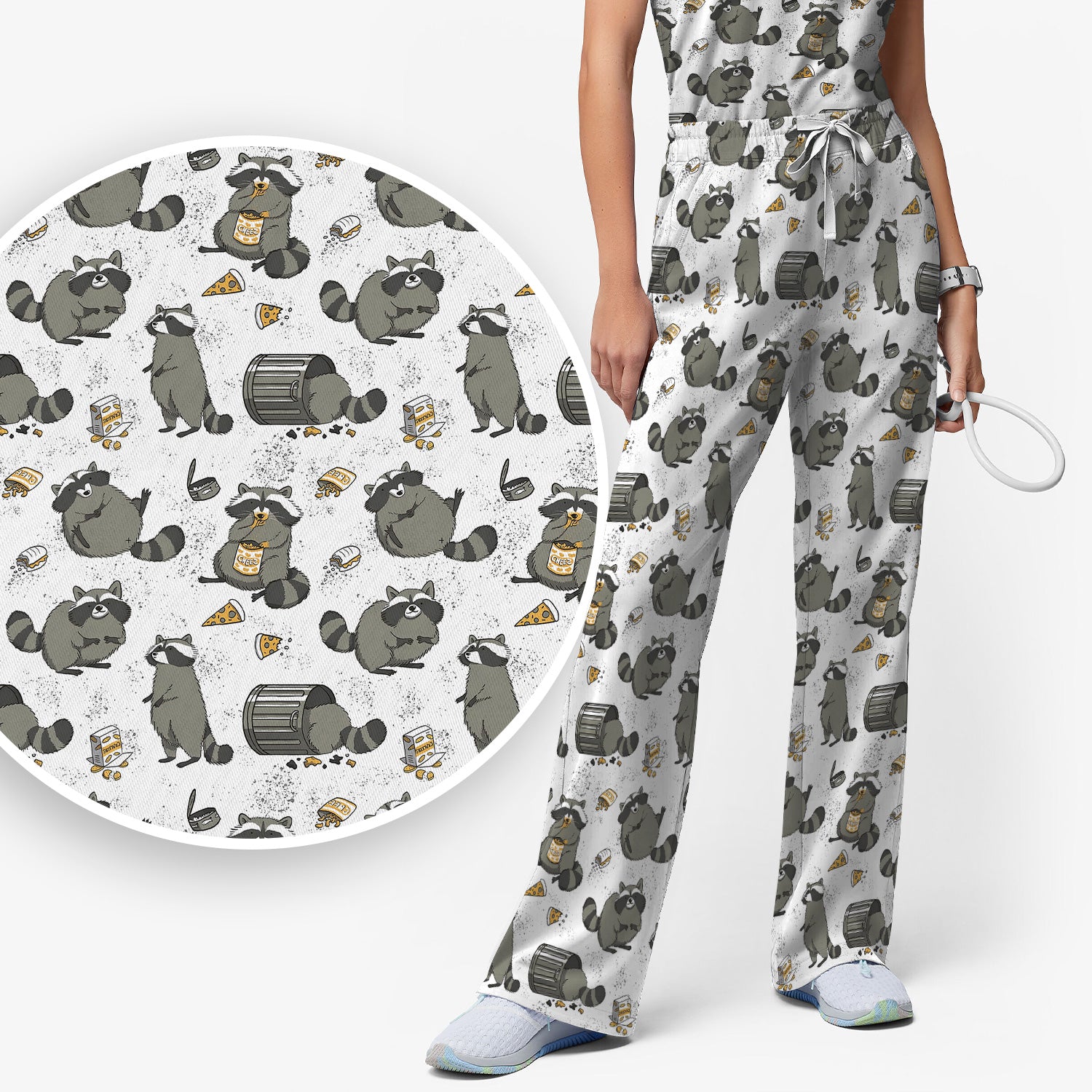 Raccoon Snack And Trash Can Pattern Scrub Set, Breathable Med Uniform