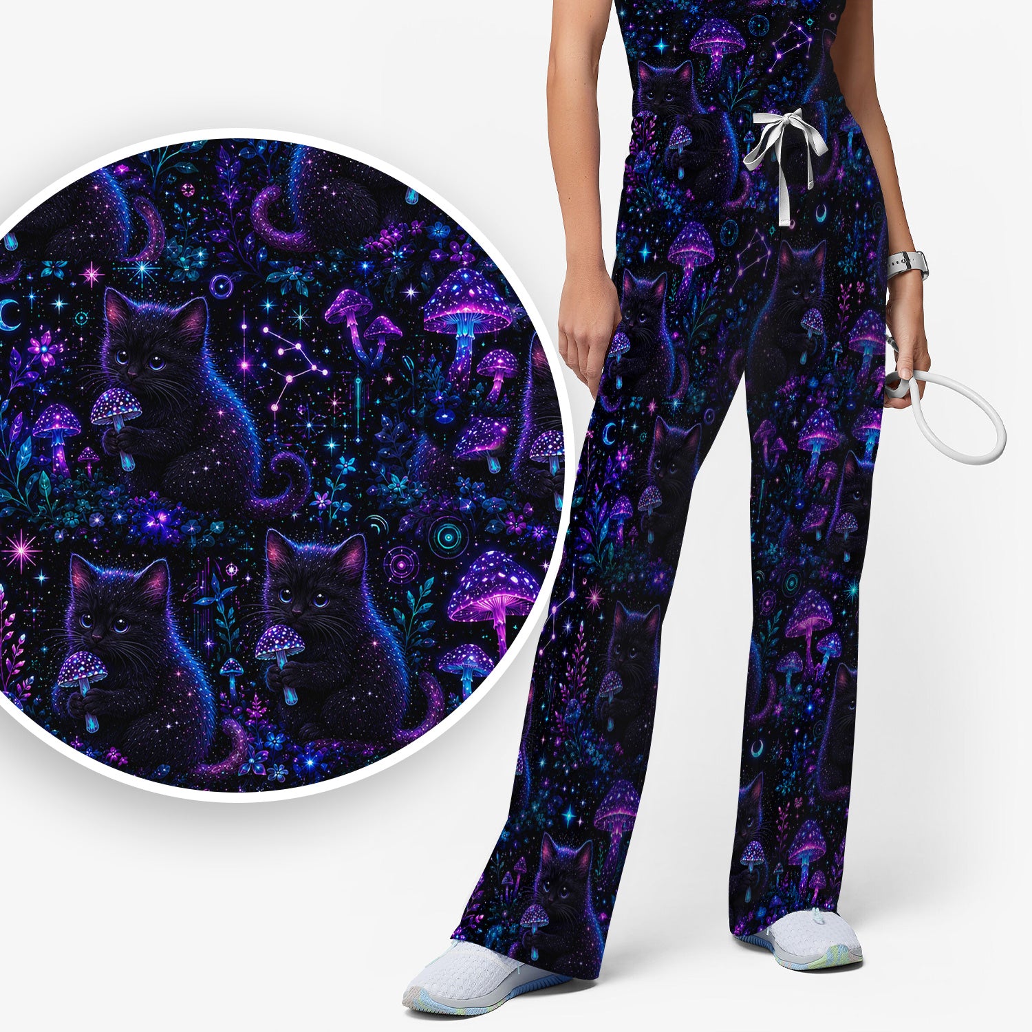 Neon Black Cat Mushroom Galaxy Pattern Scrub Set, Scrub Pants and V Neck Top