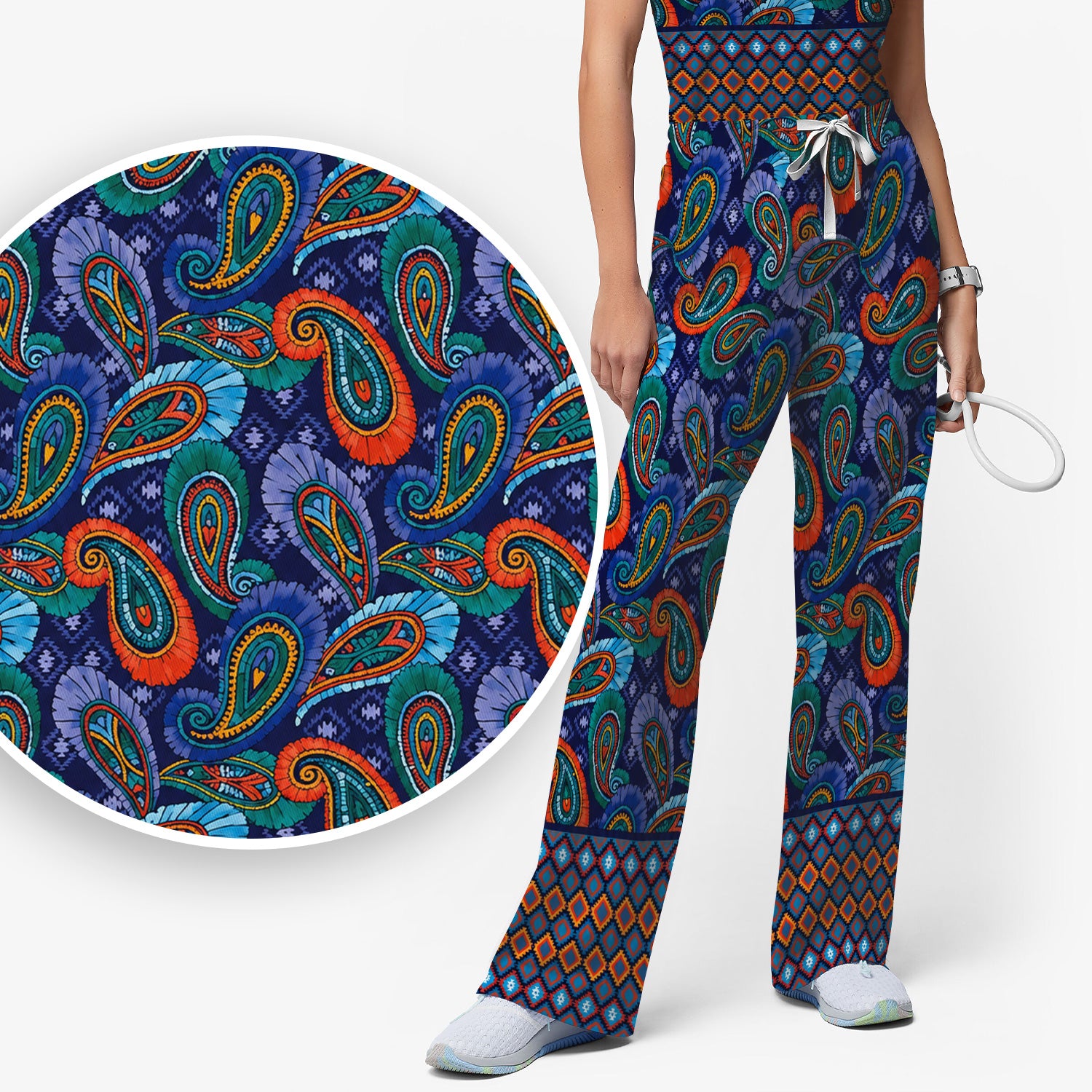 Colorful Paisley Geometric Border Pattern Scrub Set, Scrub Pants and V Neck Top
