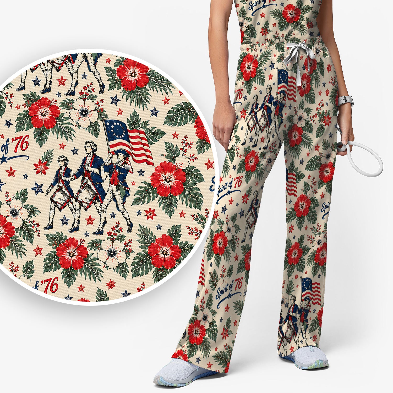 Vintage 1776 Patriot with Floral Flag Scrub Set, Scrub Pants and V Neck Top