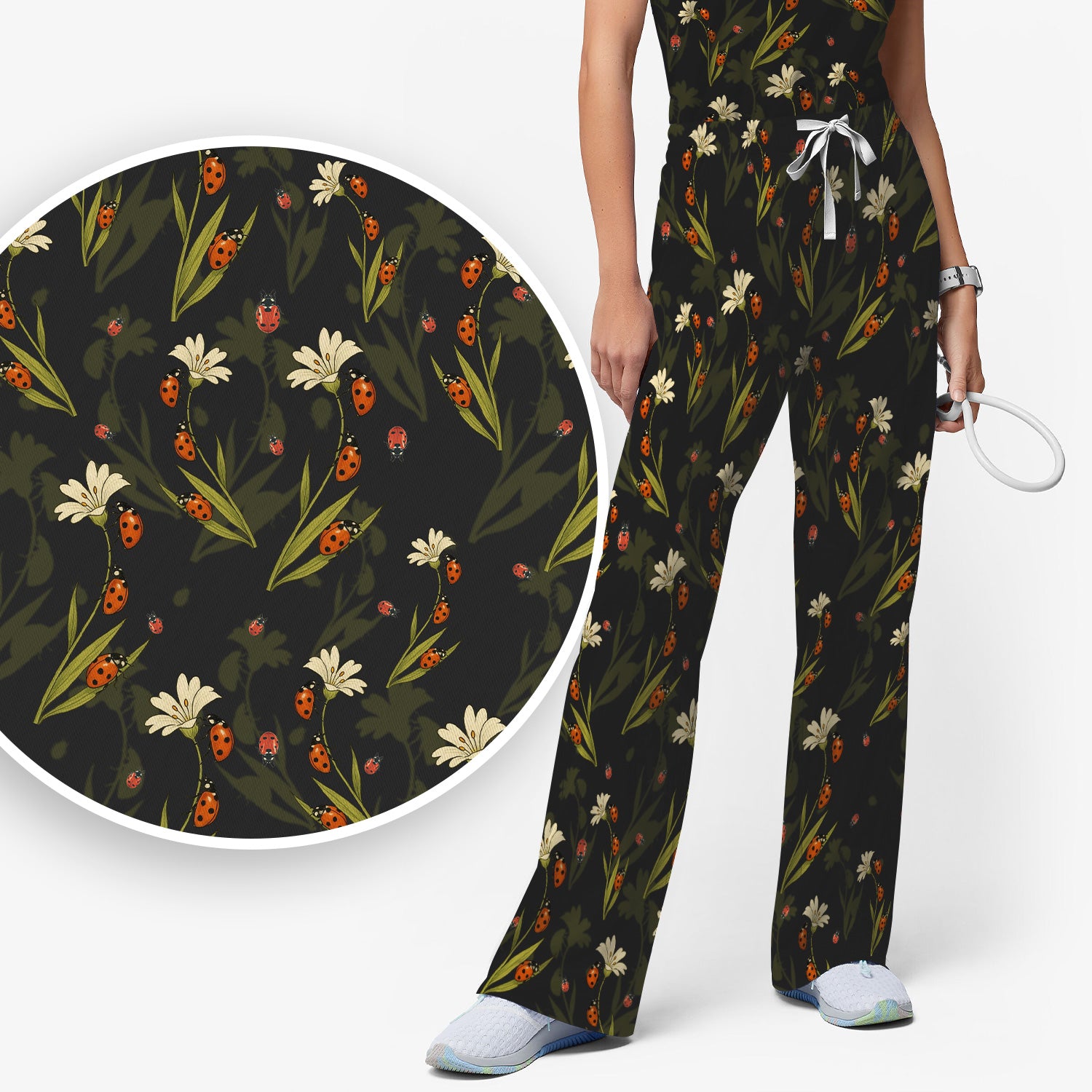 Fresh Daisy Ladybug Garden Pattern Scrub Set, Nurse Uniform Scrubs Set