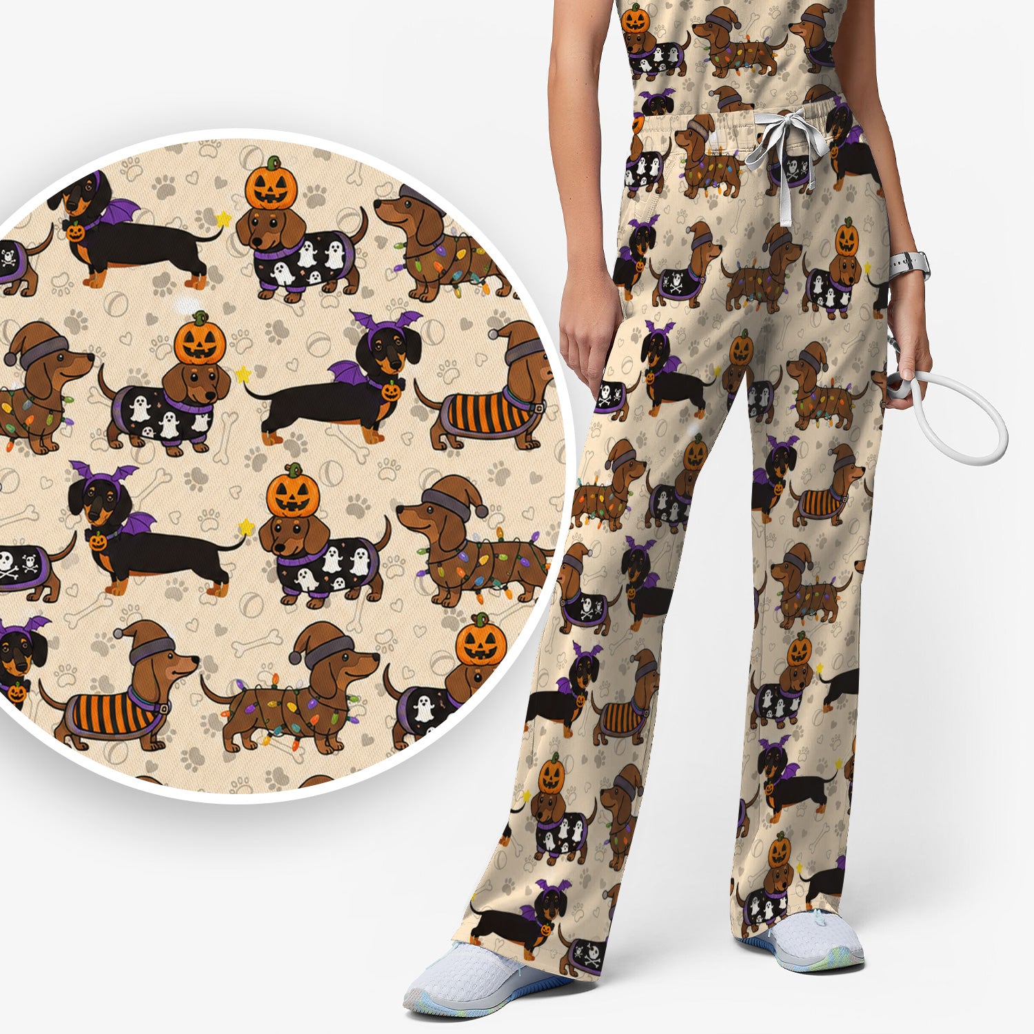 Halloween Dachshund with Pumpkin Ghost Print Scrub Set, Scrub Pants and V Neck Top