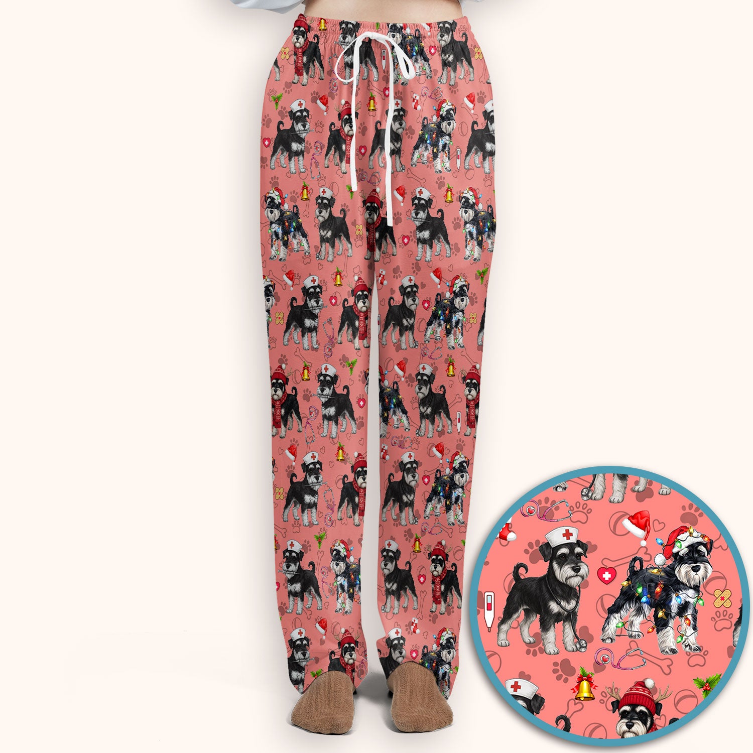 Christmas Schnauzer Scrub Set for Nurses - Cute Dog Holiday Scrubs Pants and V Neck Top - Funny Santa Nursing Medical Shirt for Women