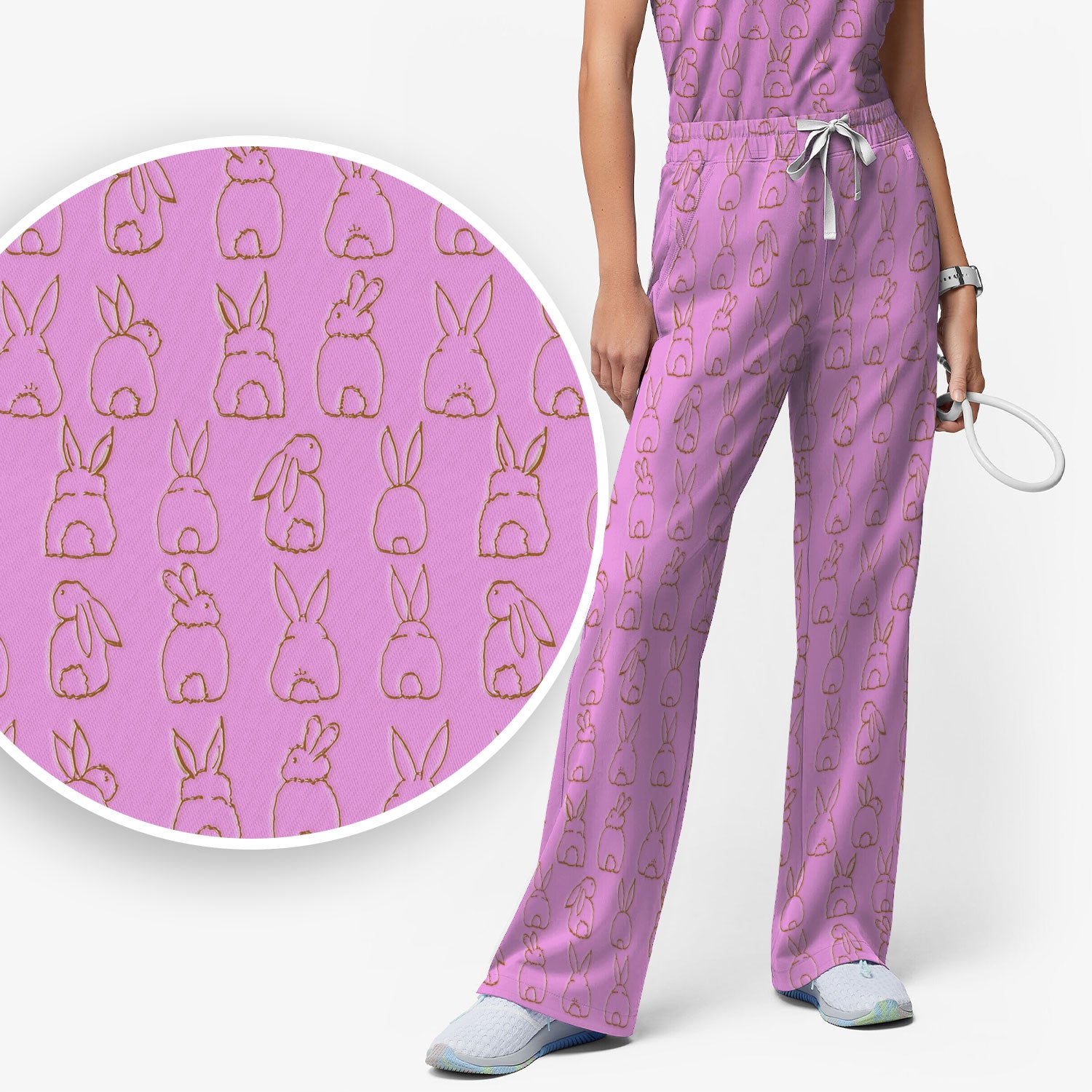 Cartoon Bunny Line Art Pattern Medical Scrub Set, Breathable Med Uniform