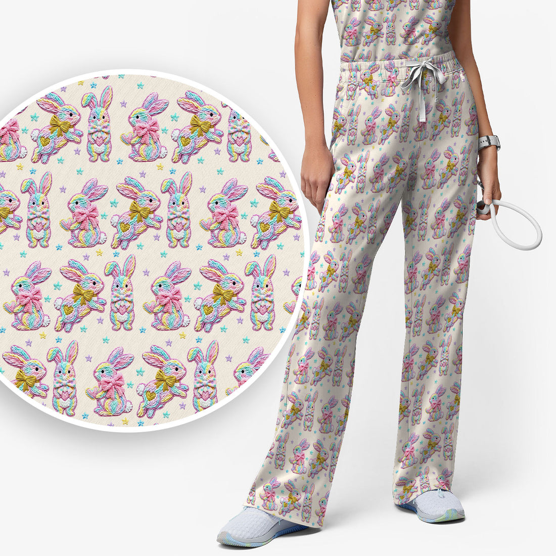 Cartoon Bunny All Over Print Set, Scrub Pants and V Neck Top