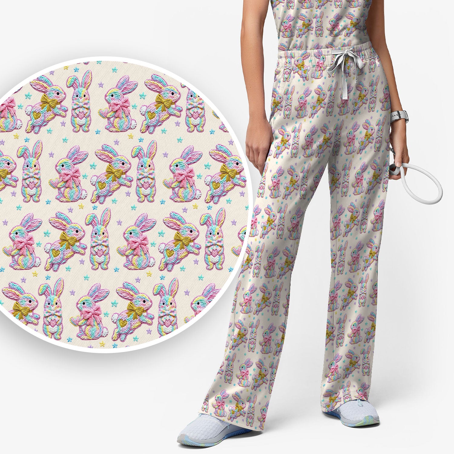 Cartoon Bunny All Over Print Set, Scrub Pants and V Neck Top