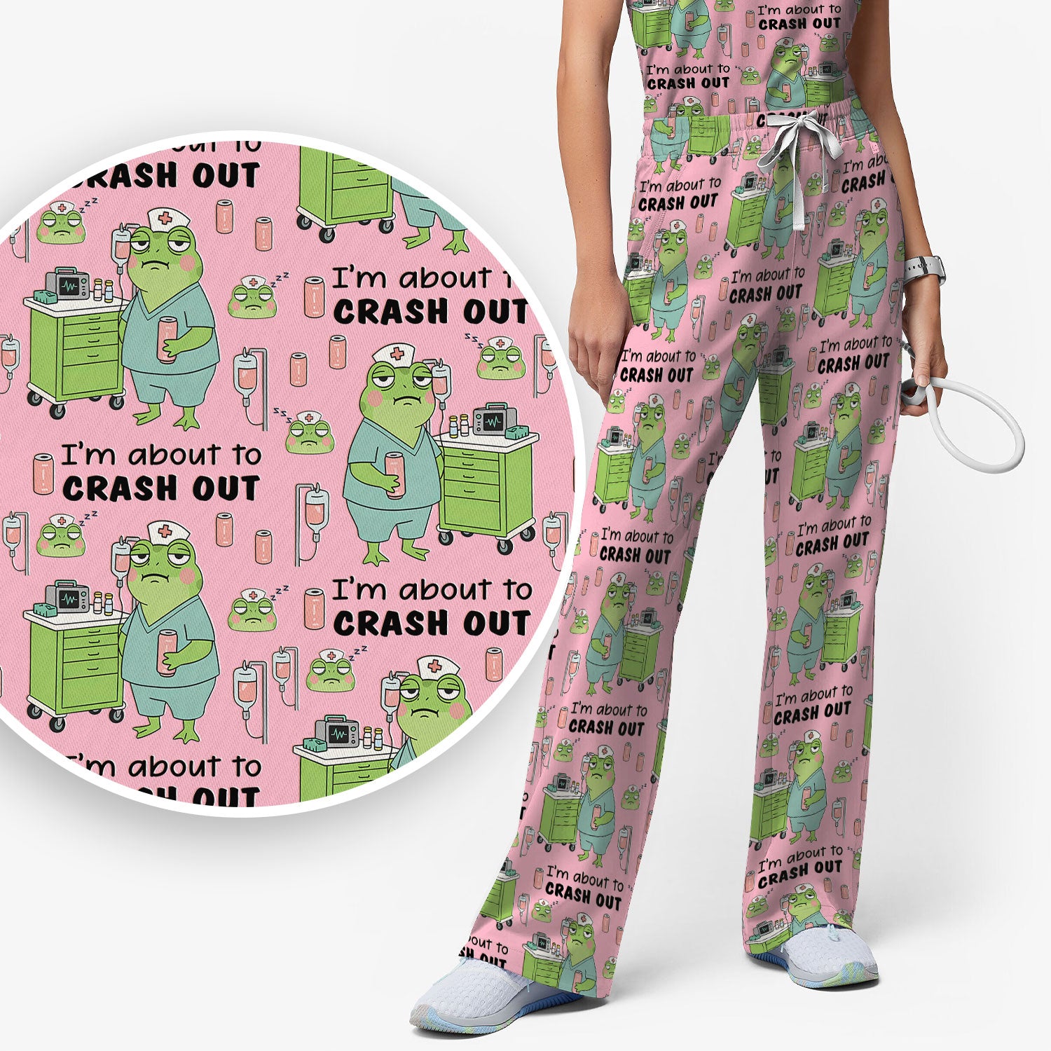 Funny Frog Pattern Nurse Scrub Set, I’m About to Crash Out Nurse Shirt, Breathable Fabrics Nursing Uniform