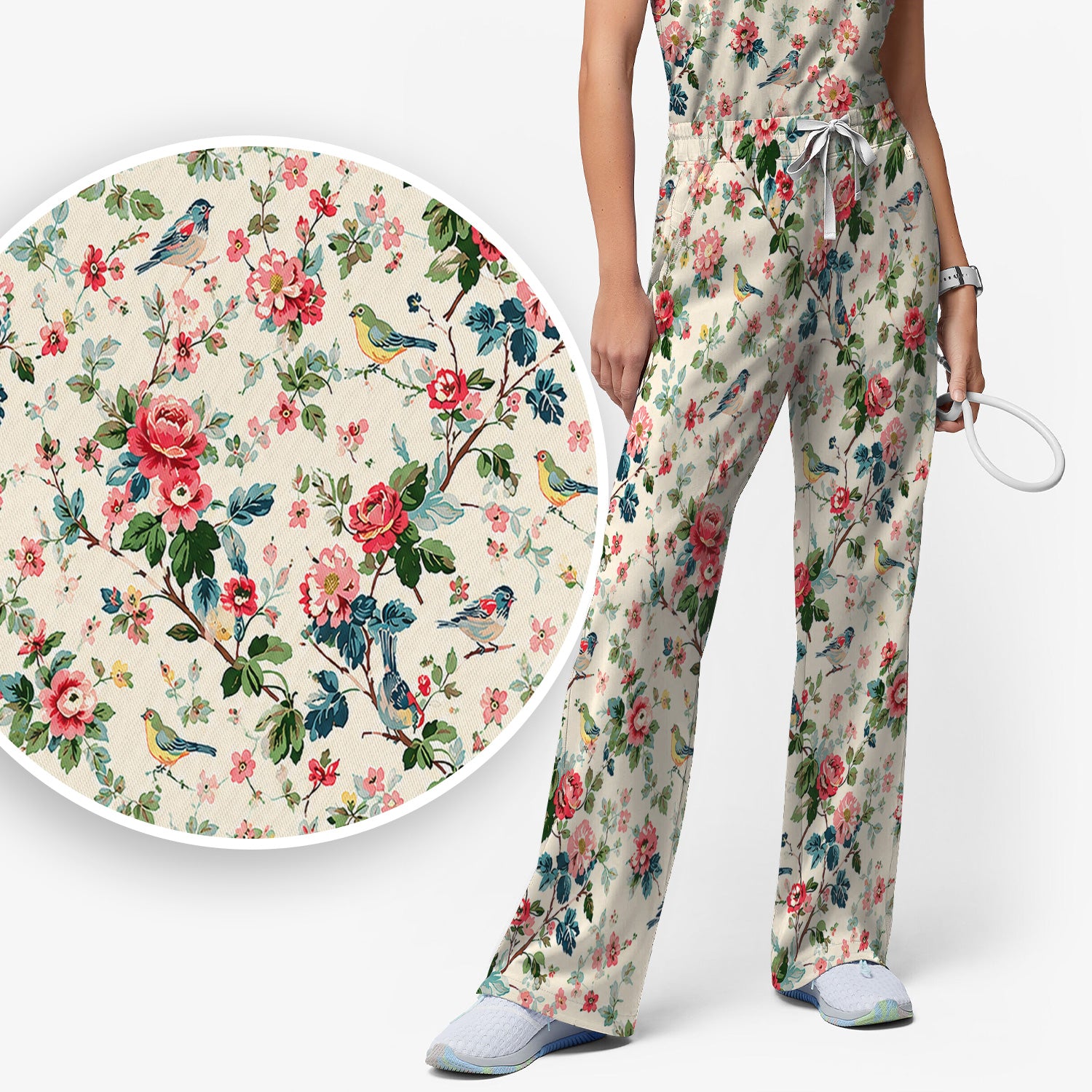 Songbird Rose Garden Pattern Scrub Set, Scrub Pants and V Neck Top