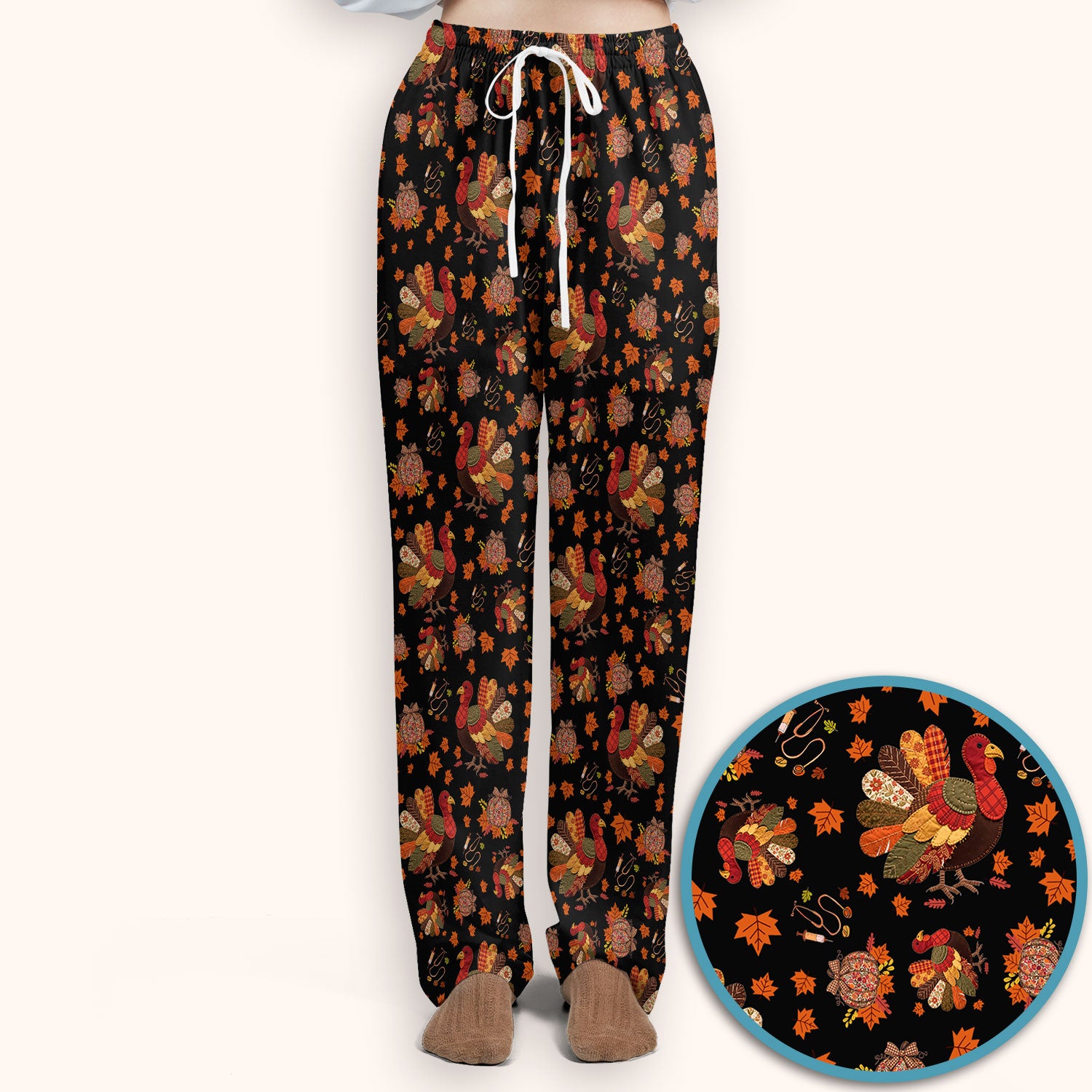 Thanksgiving Turkey Nurse Scrub Sets for Women - Fall Leaves Scrub Pants and V Neck Top - Autumn Nursing Uniform