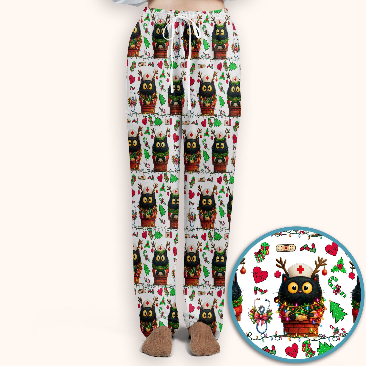 Christmas Black Cat Scrub Set for Nurse - Cute Reindeer Cat with Xmas Lights Pants and V Neck Top - Festive Holiday Medical Uniform