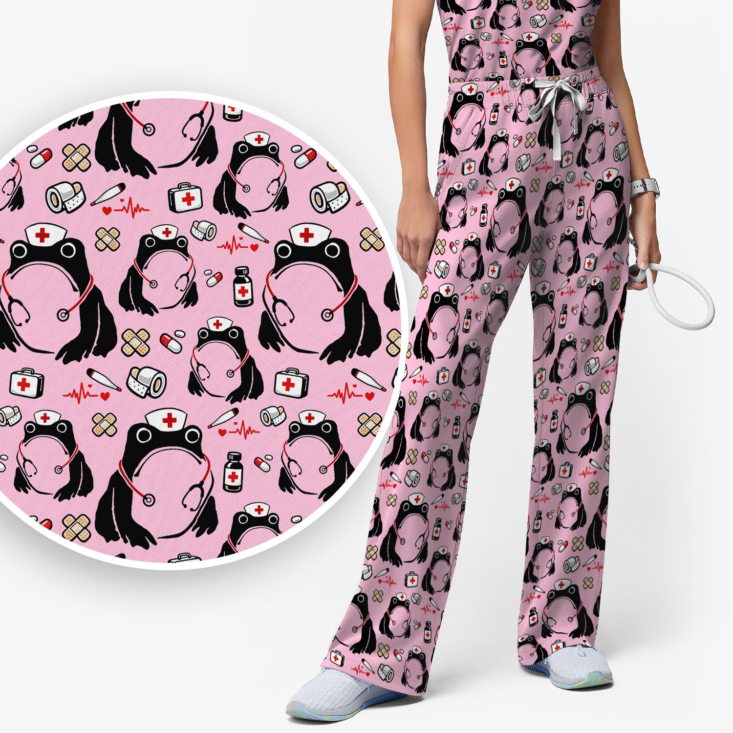 Cute Frog Nurse Medical Pattern Scrub Set, Breathable Med Uniform