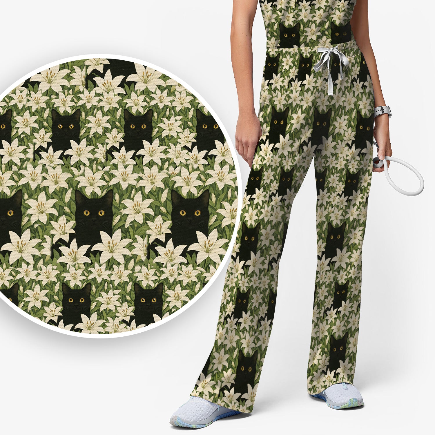 Black Cat Hidden In Lily Garden Pattern Scrub Set, Scrub Pants and V Neck Top