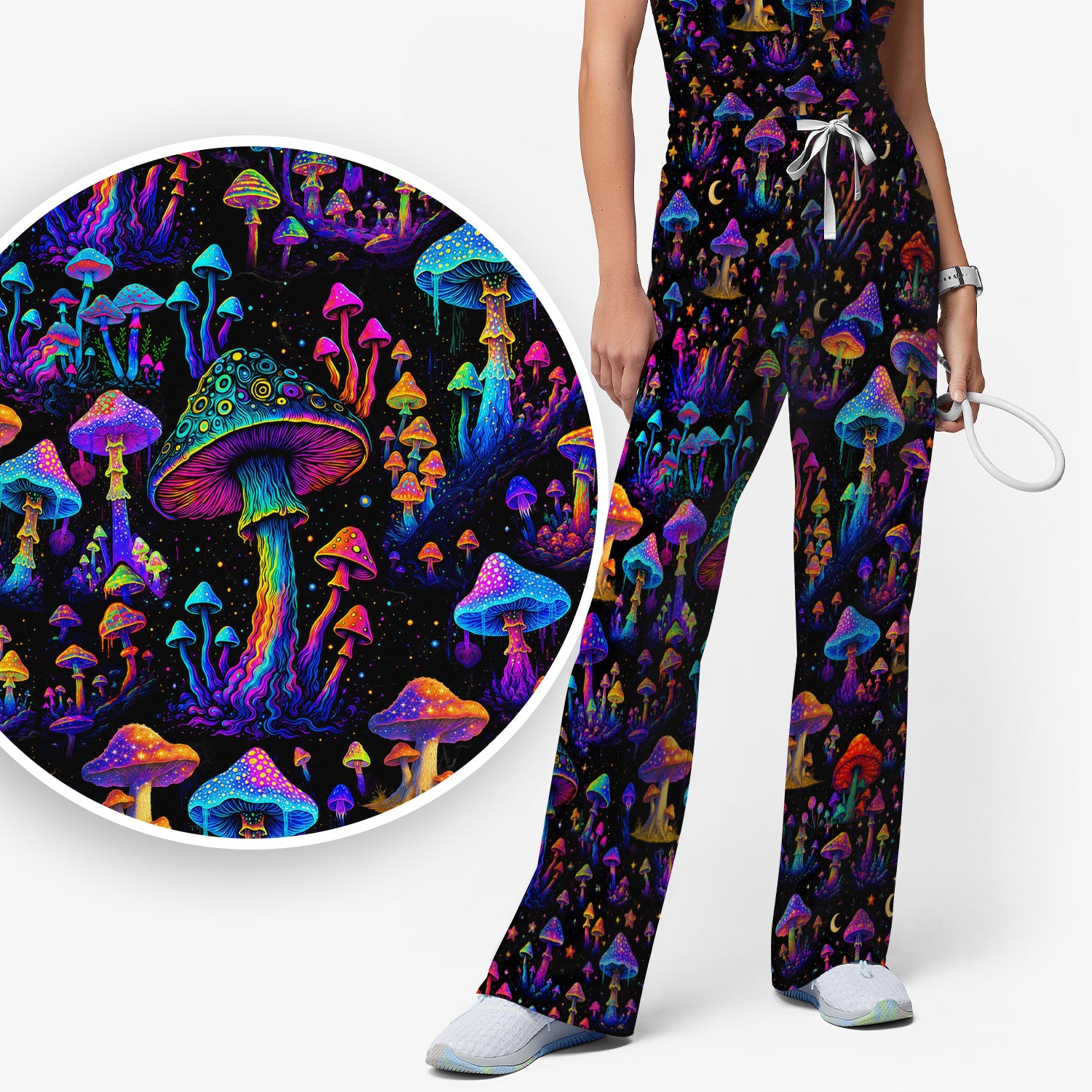 Neon Fantasy Mushroom Print Scrub Set, Scrub Pants and V Neck Top