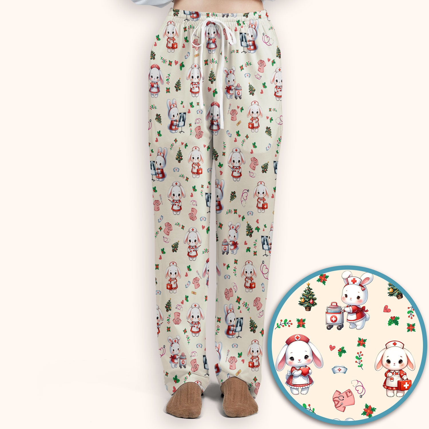 Cute Bunny Scrub Set for Nurse - Adorable Christmas Rabbit Pants and V Neck Top - Funny Holiday Medical Shirt Gift