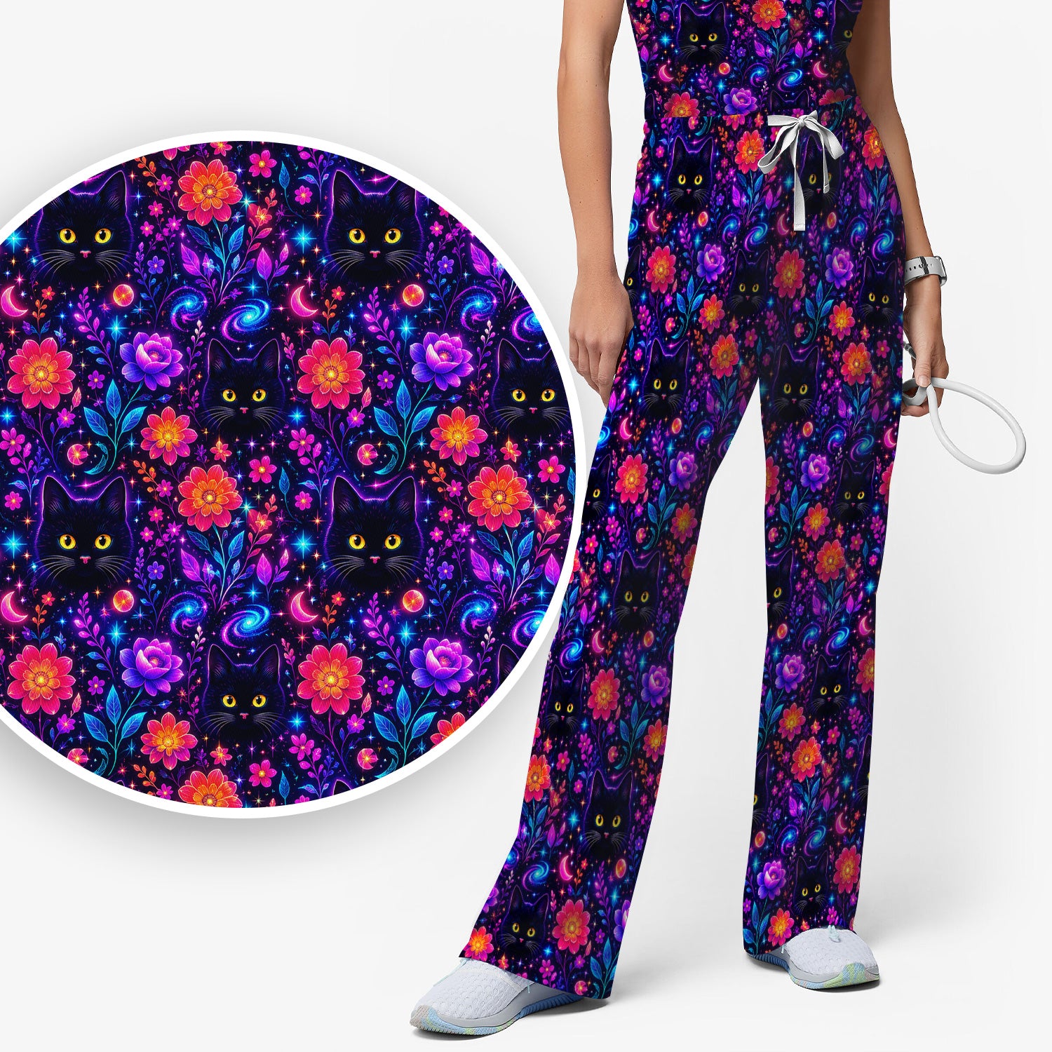 Galaxy Black Cat Floral Pattern Scrub Set, Scrub Pants and V Neck Top