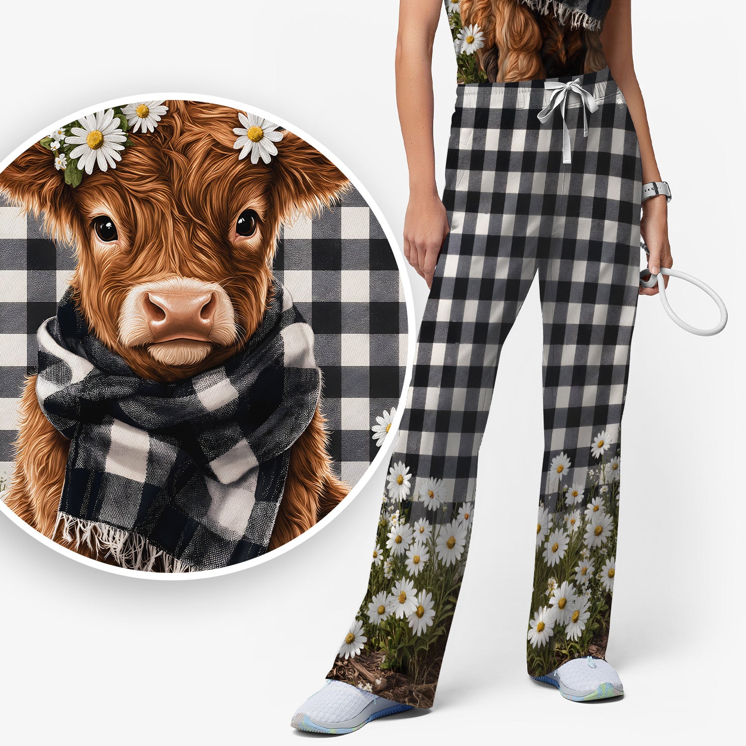Highland Cow Daisy Pattern Scrub Set, Scrub Pants and V Neck Top