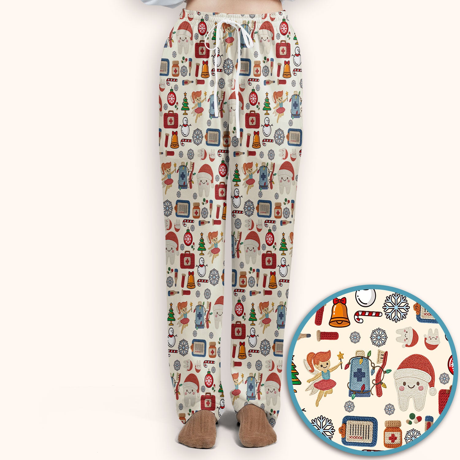 Christmas Dental Scrub Set - Cute Santa Tooth & Snowman Scrubs Pants and V Neck Top - Funny Holiday Gift for Dentists, Hygienists